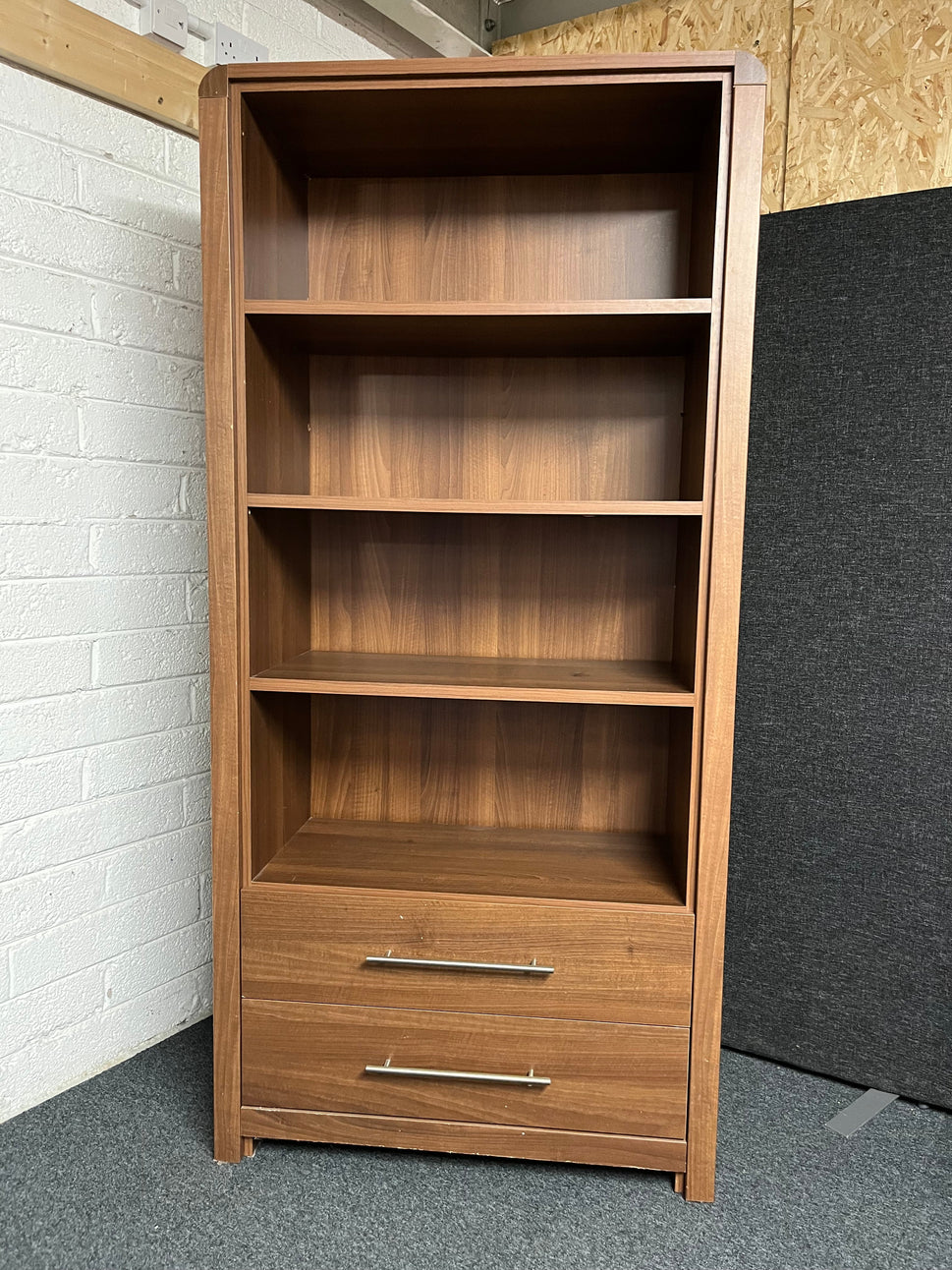 Large walnut display unit with 4 shelves and 2 drawers (H 1910 x W 900 x D 410 mm) 1225