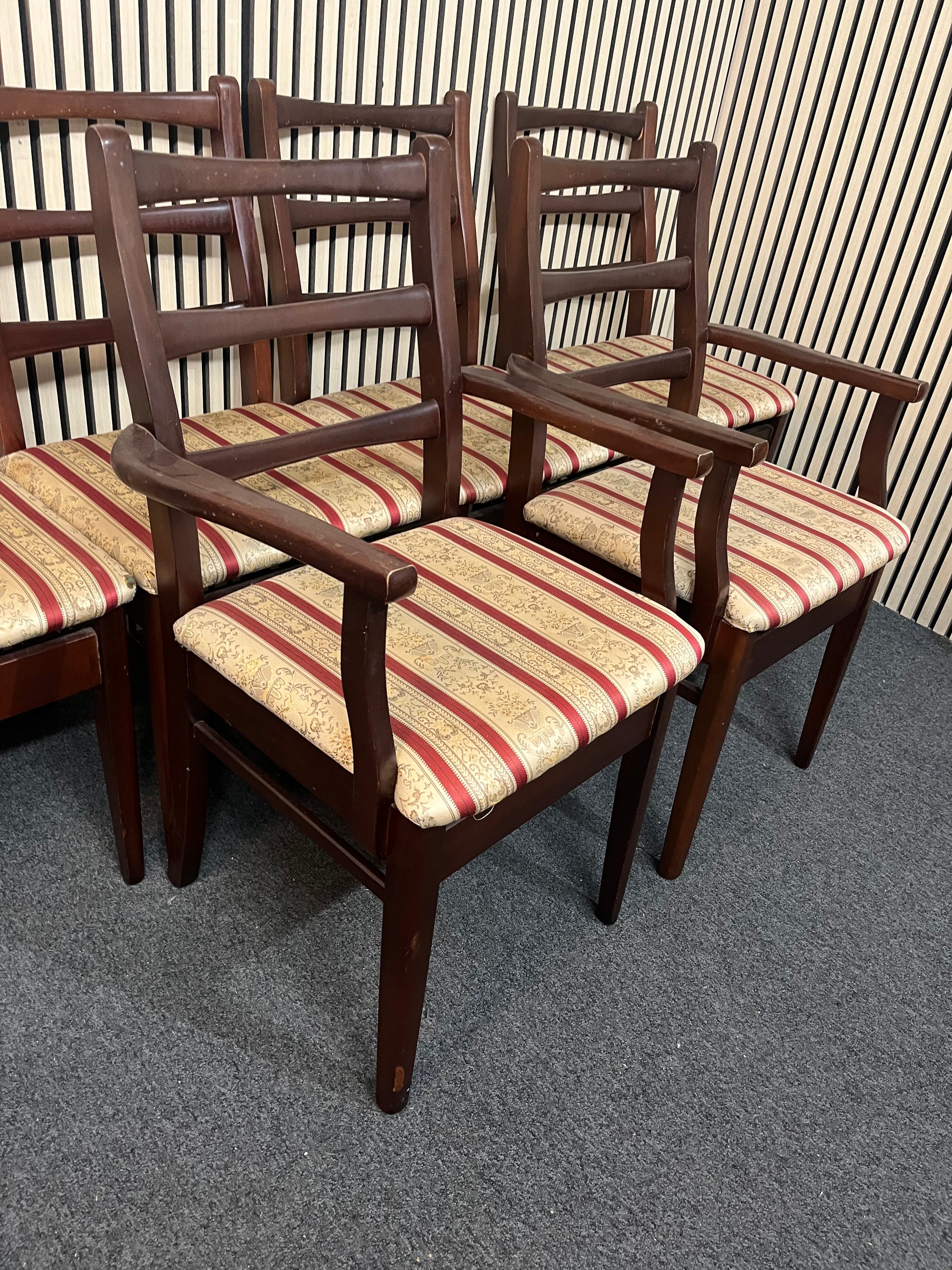 Mahogany dining chair with red and cream fabric seat (SET of 6 including 2 carver chairs) 43938