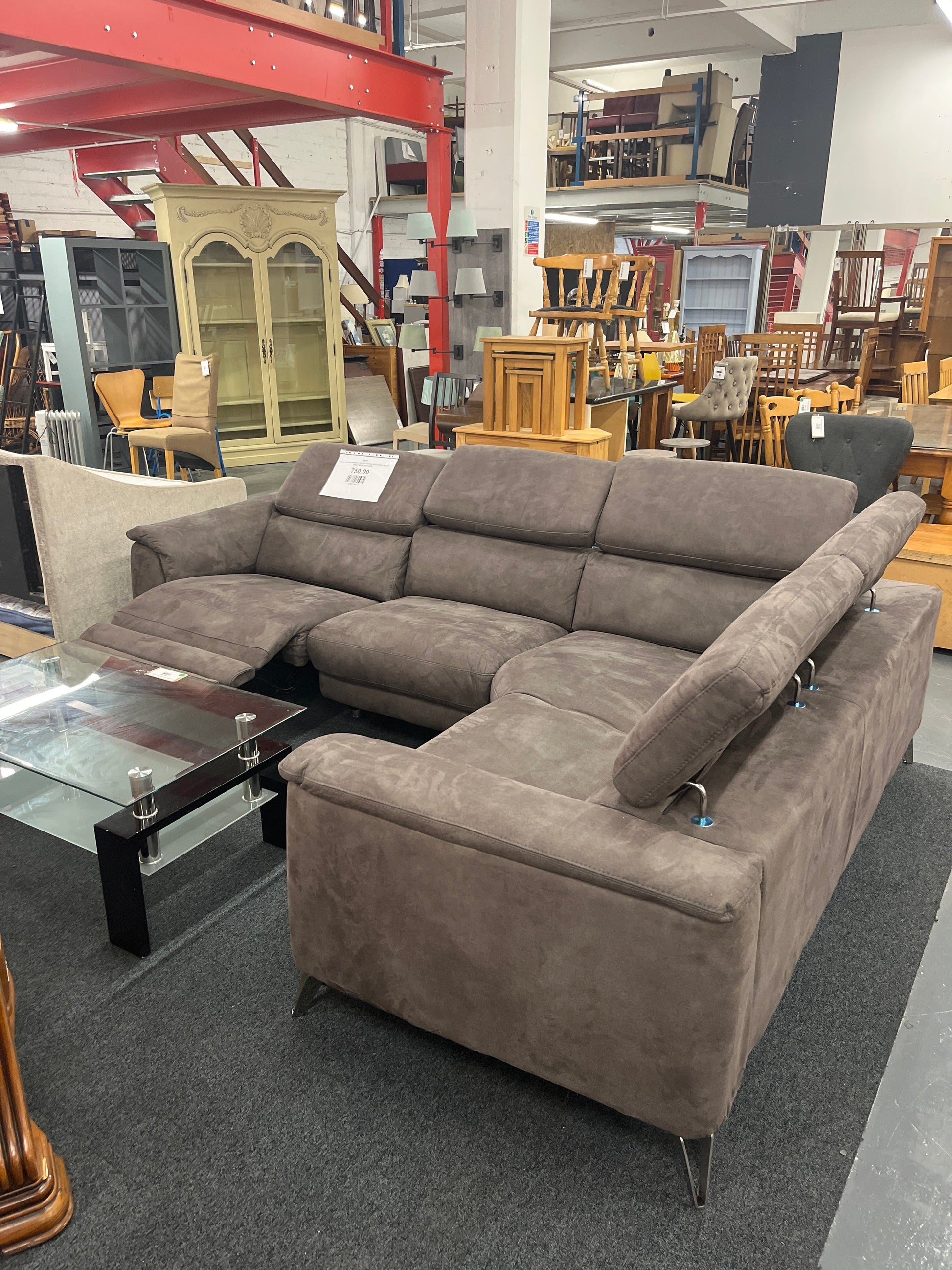 Large electric sectional recliner corner suite brown suede effect fabric suite 2225
