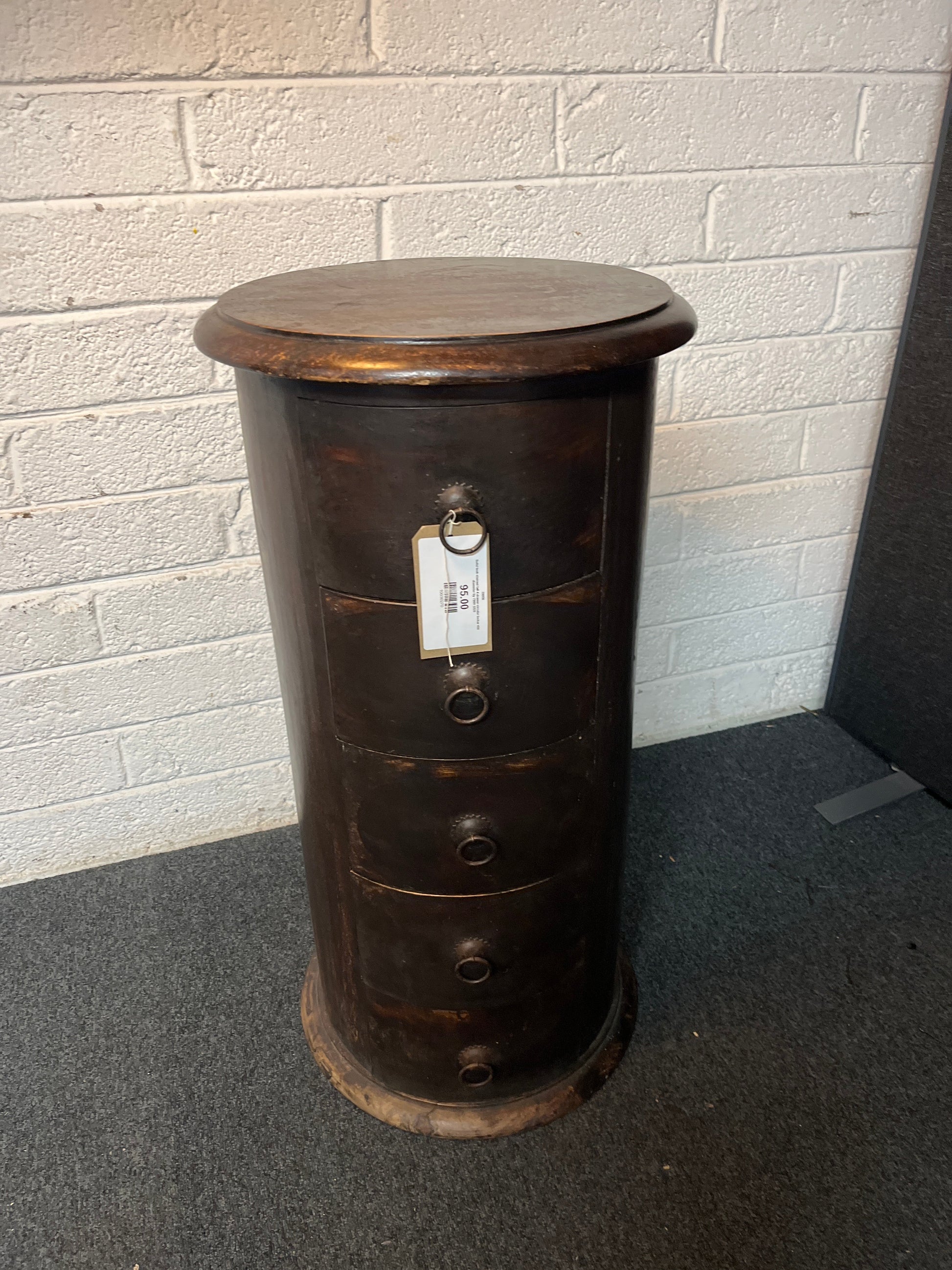 Solid teak stained tall 4 drawer circular locker 450 diameter by 790H 3225