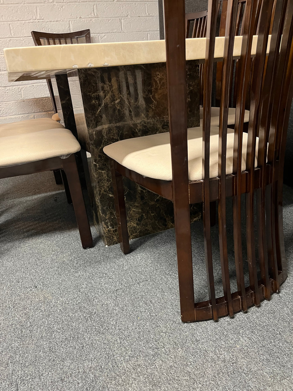 Marble effect large rectangular table (L 180 x W 100 cm) with 6 dark wood stained kitchen chairs with fabric seat 3225