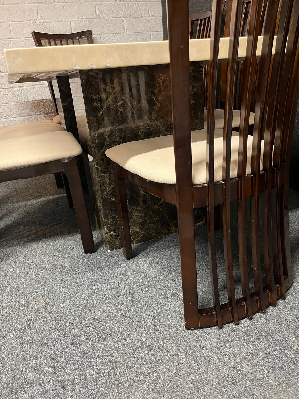 Marble effect large rectangular table (L 180 x W 100 cm) with 6 dark wood stained kitchen chairs with fabric seat 3225