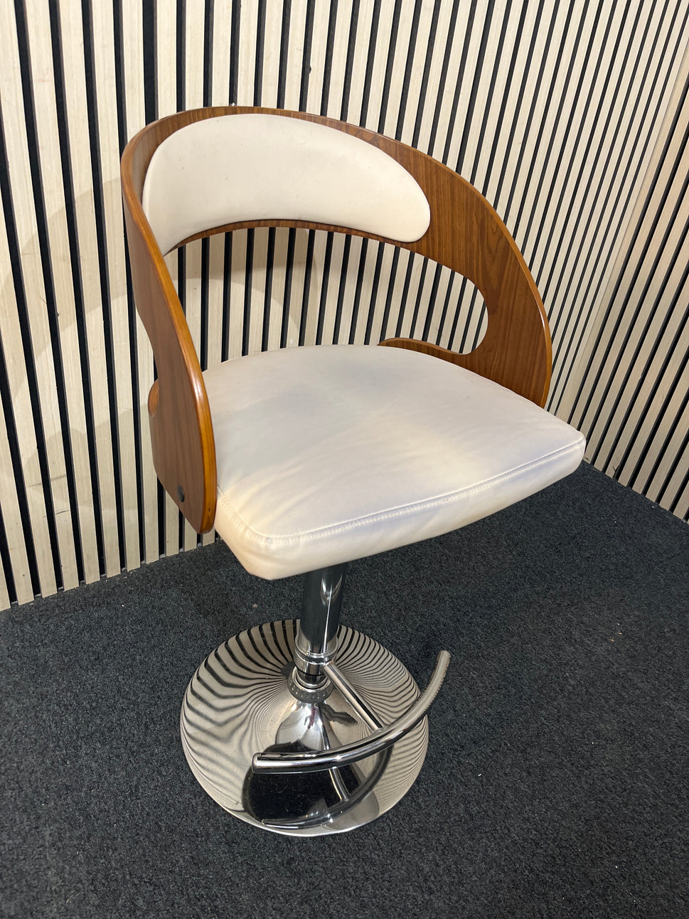 walnut curved back, chrome framed tall swivel bar stools 1226