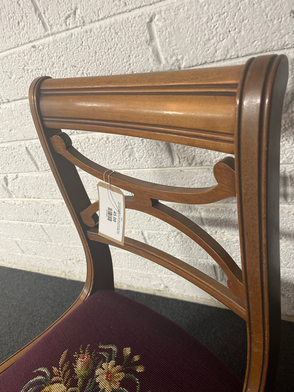 Solid mahogany dining chair with crochet wine floral seat  fabric. Matching carver armchair available  2225