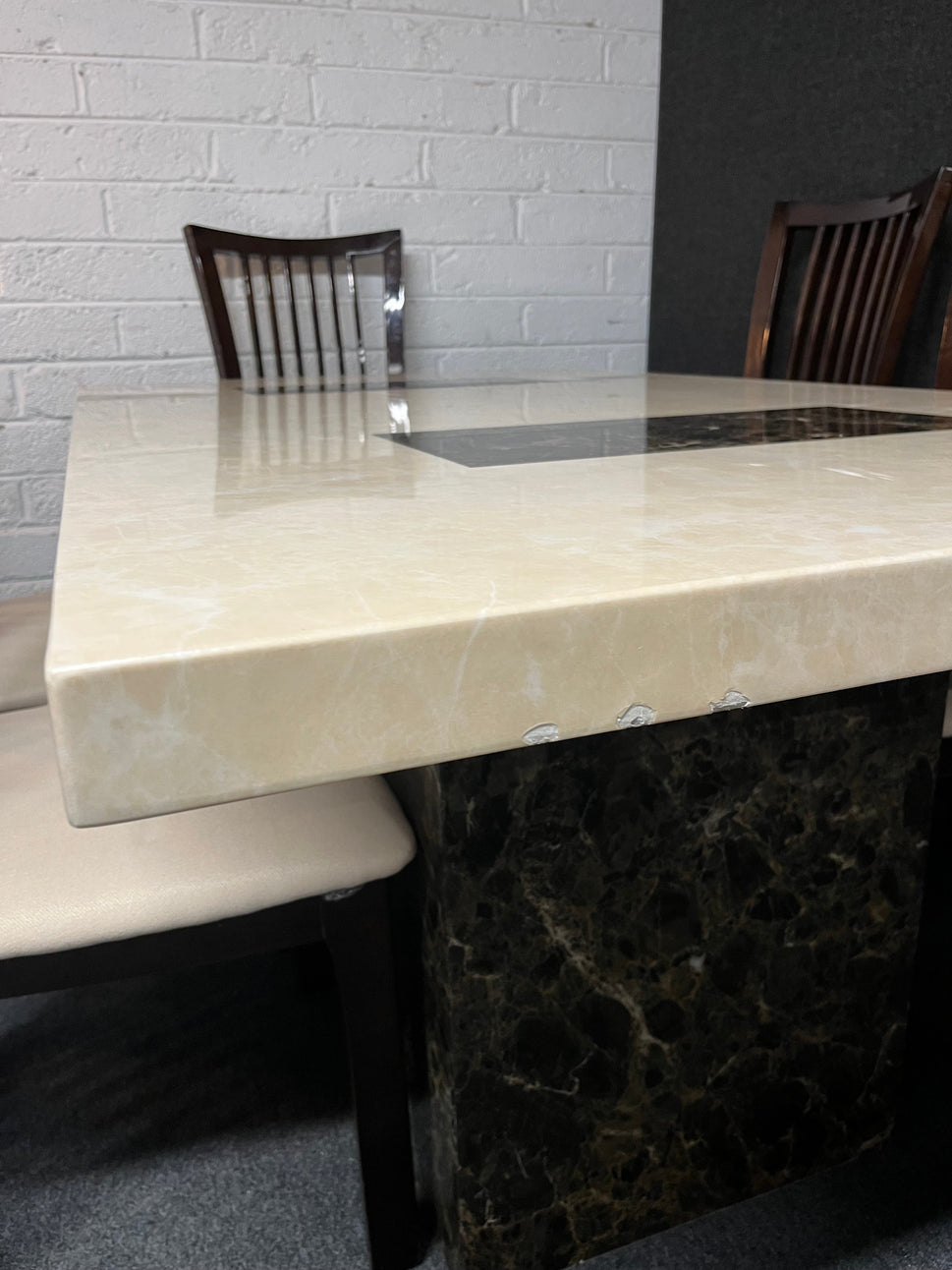 Marble effect large rectangular table (L 180 x W 100 cm) with 6 dark wood stained kitchen chairs with fabric seat 3225