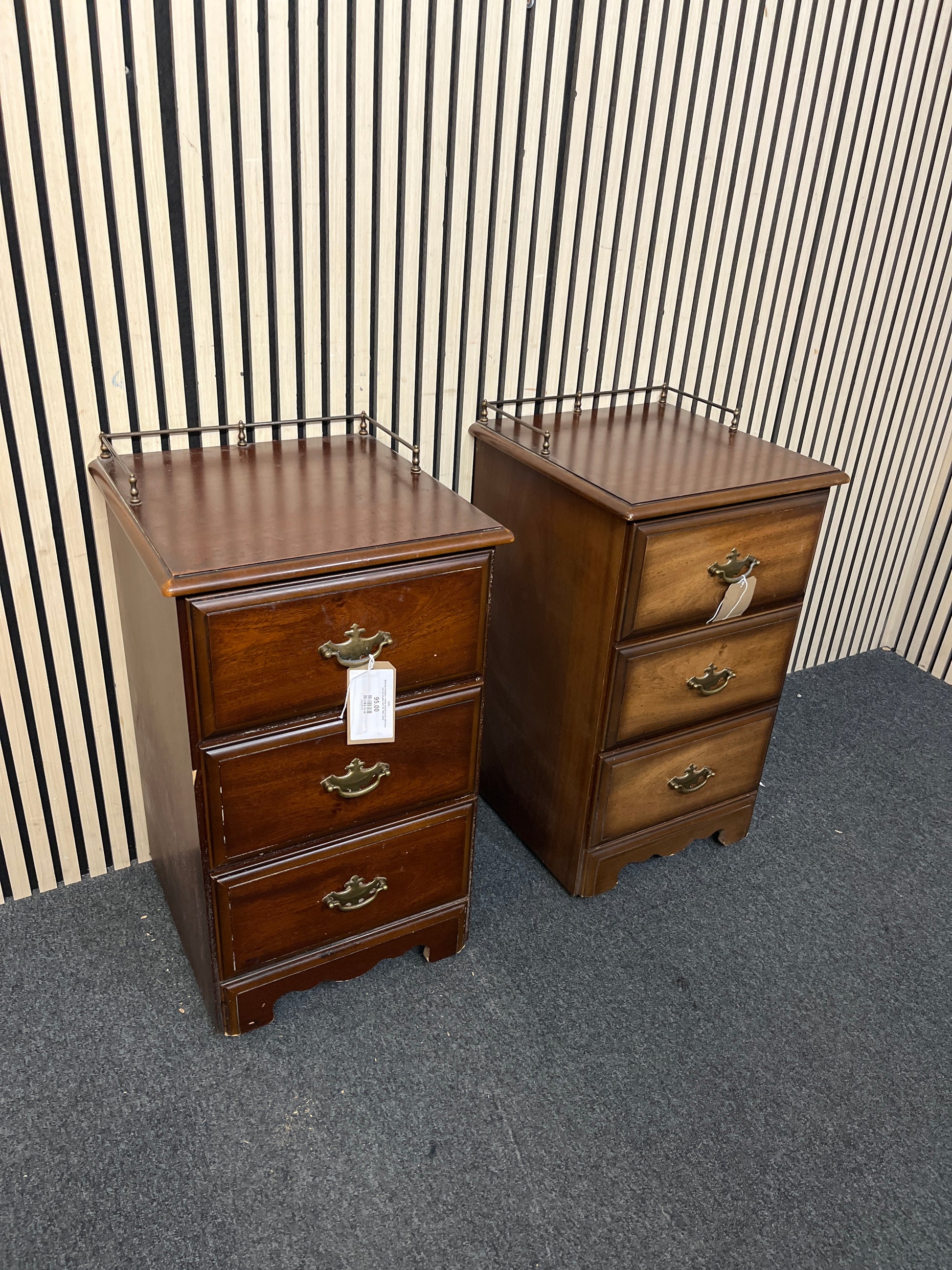Matching mahogany 3 drawer bedside lockers with brass trim and handles (SET OF TWO)  44292
