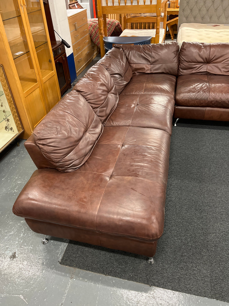 Large brown leather corner sofa in sections with chrome legs  44538