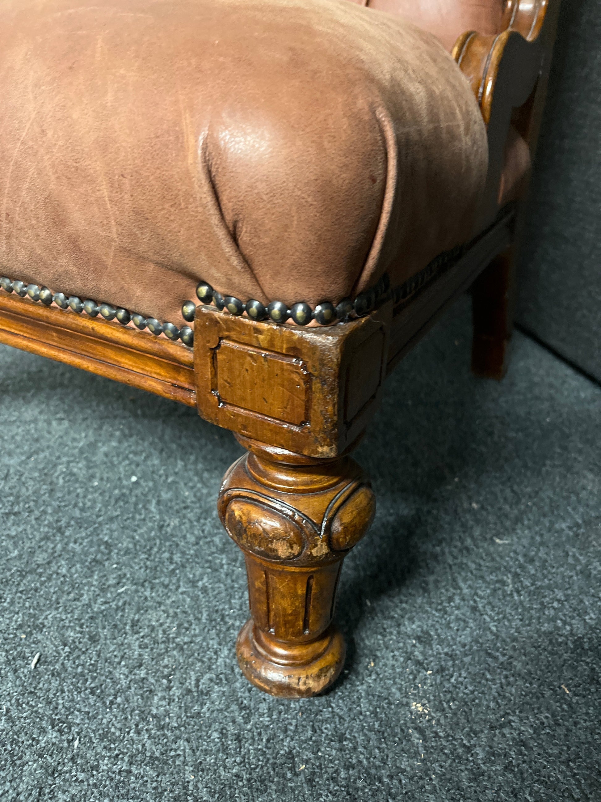 Ornate button back brown leather antique frame occasional chair  1225