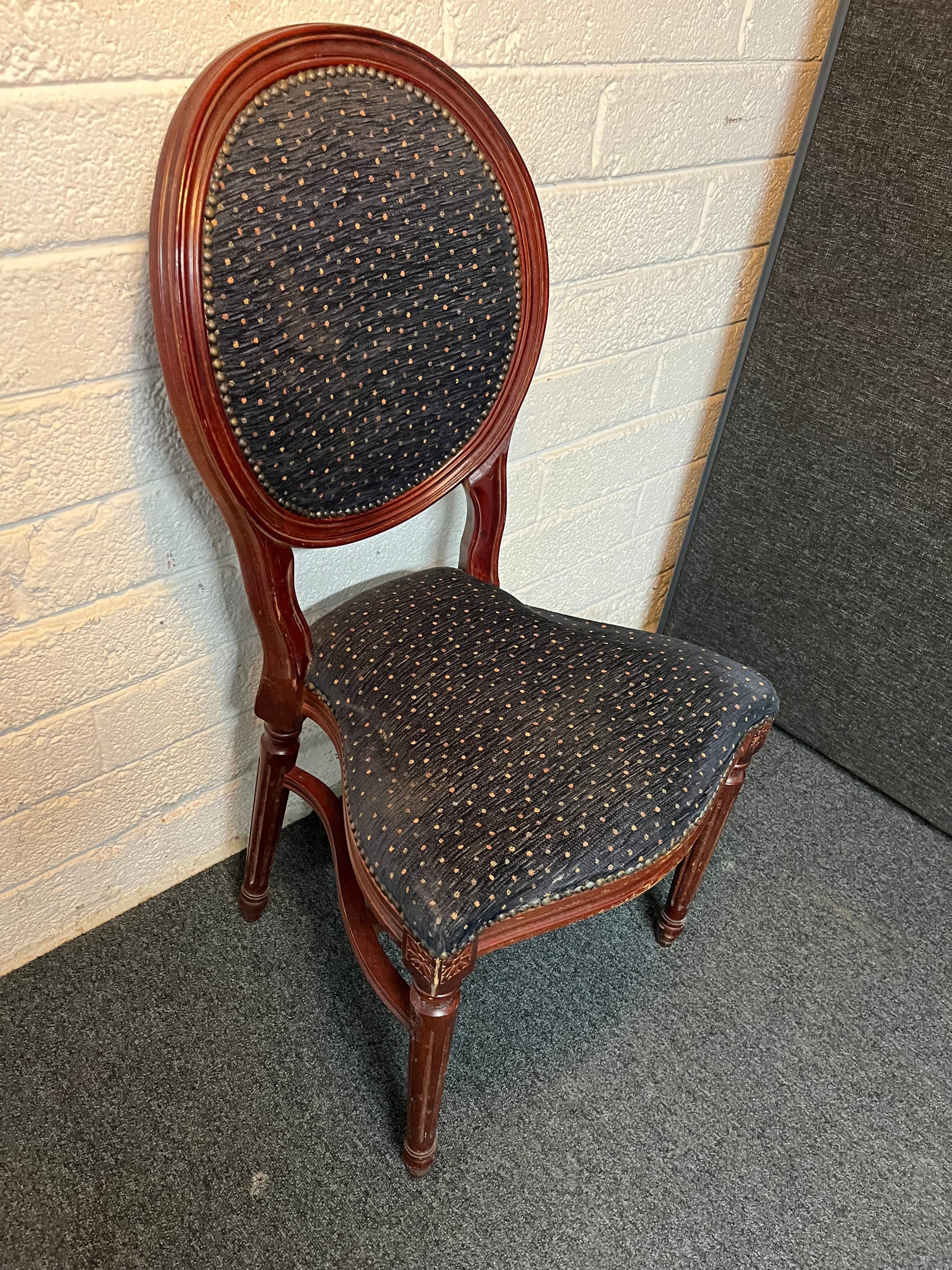 Solid dark wood stained curved back ornate dining chair with navy pattern fabric seat and back. 6 no. matching in stock 3225