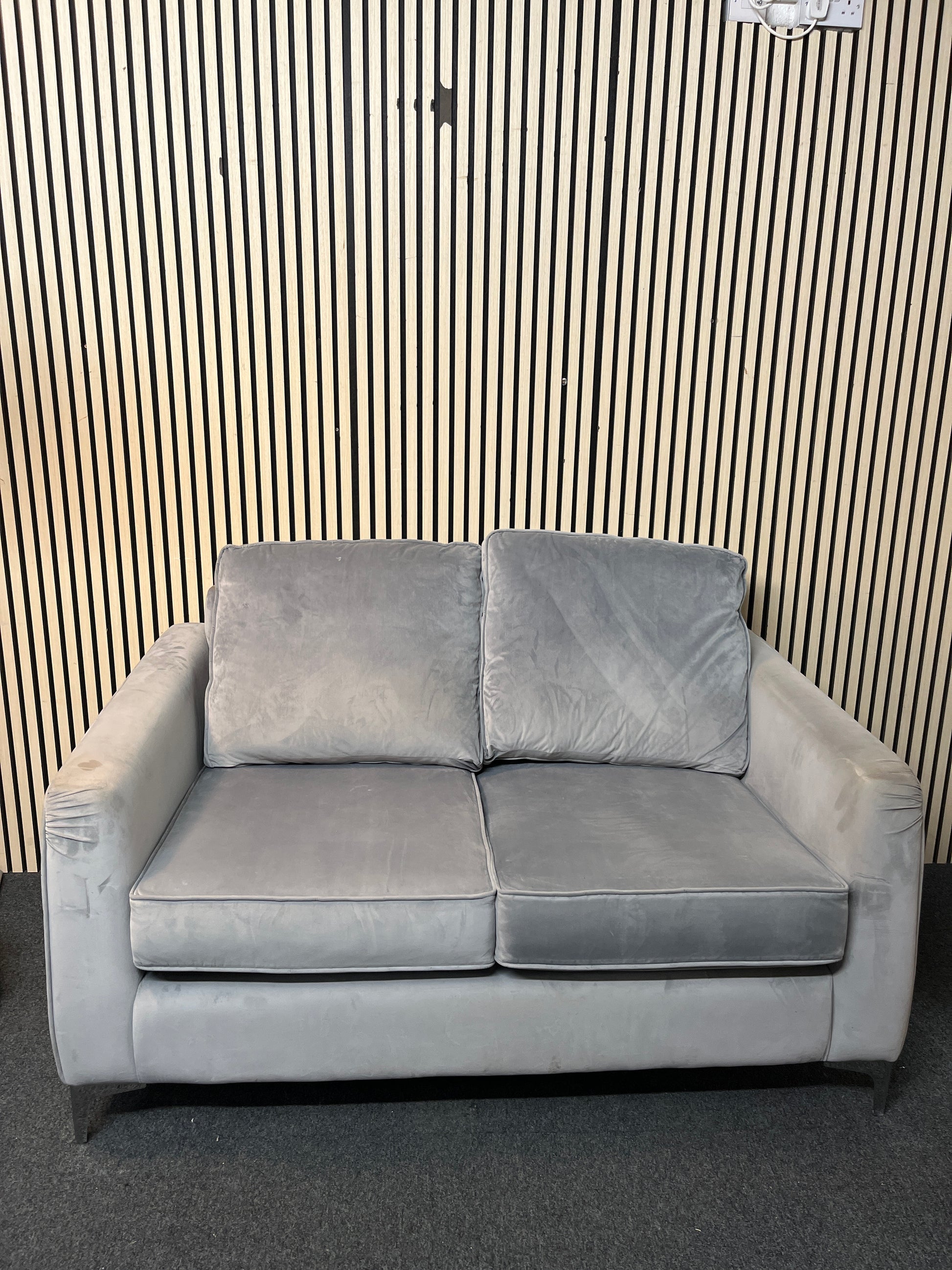 2 seater light grey suede effect high back sofa 3126