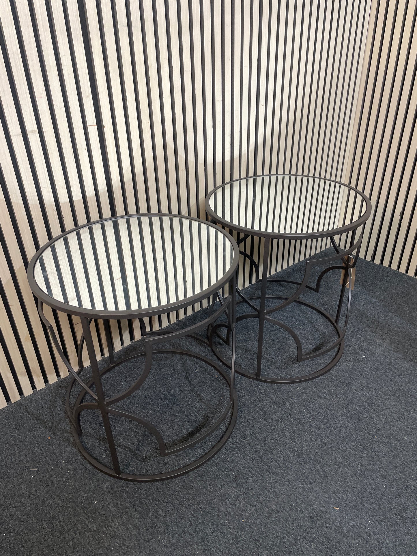 Pair of black metal and glass circular occasional tables 2226