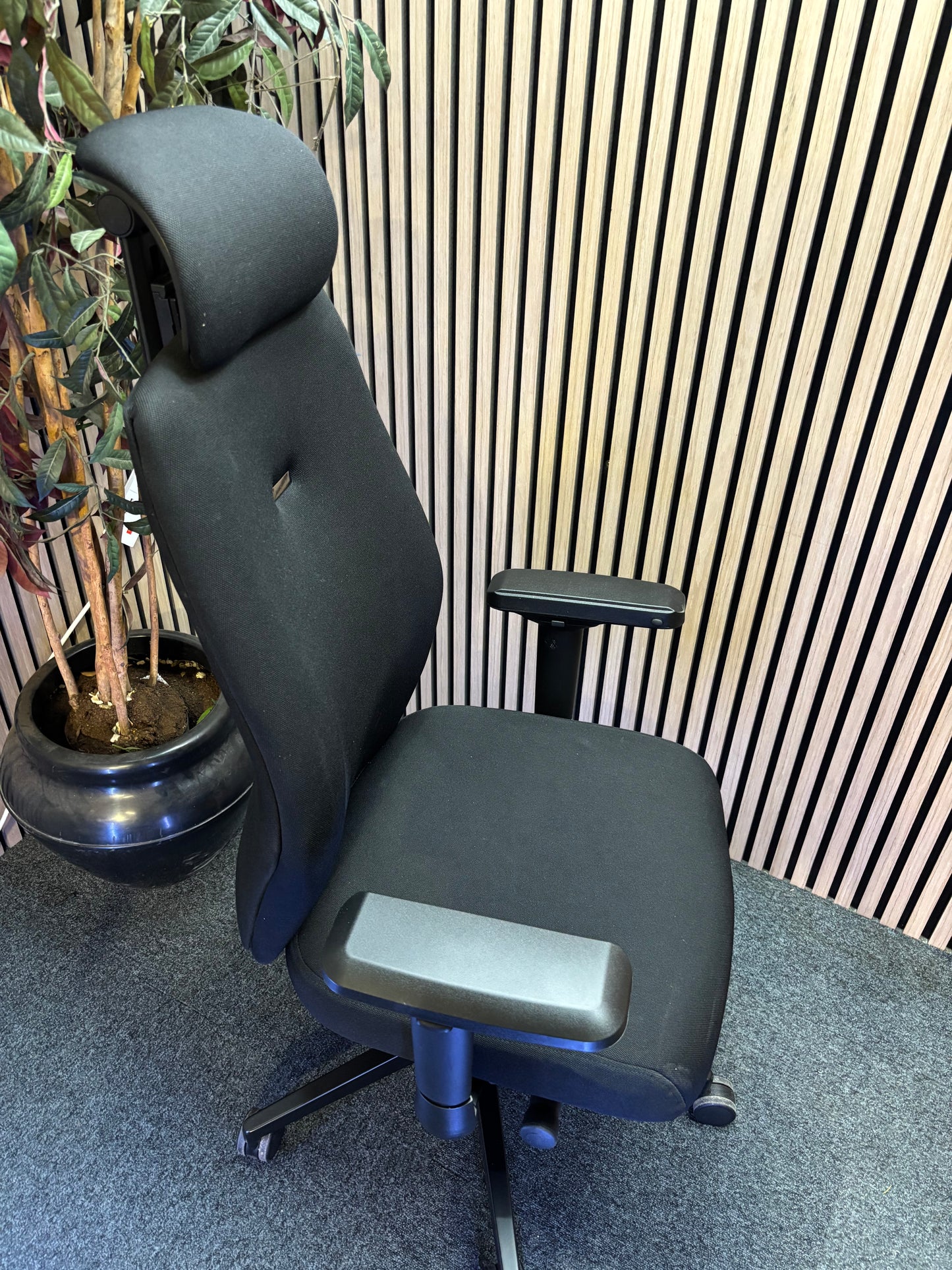 Hatha high back posture task chair with black fabric seat and back, headrest & adjustable arms