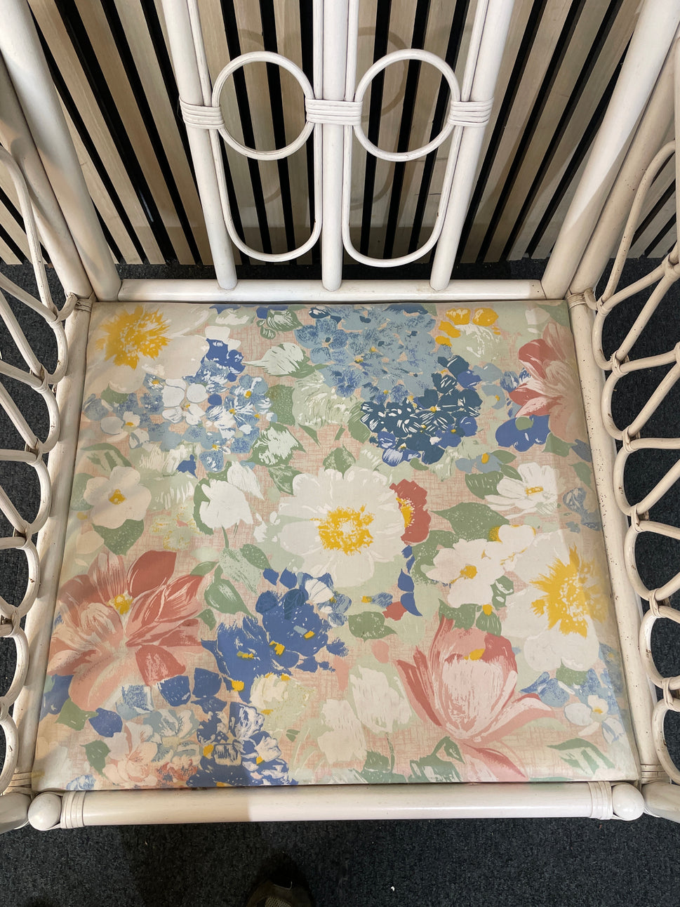 White painted cane framed armchairs with fabric seat 1126