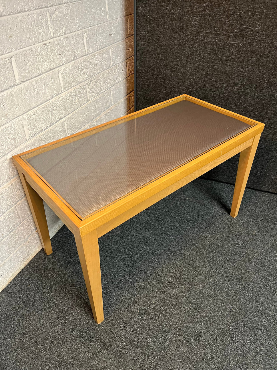 Solid wood light stained rectangular coffee table with glass top  2224