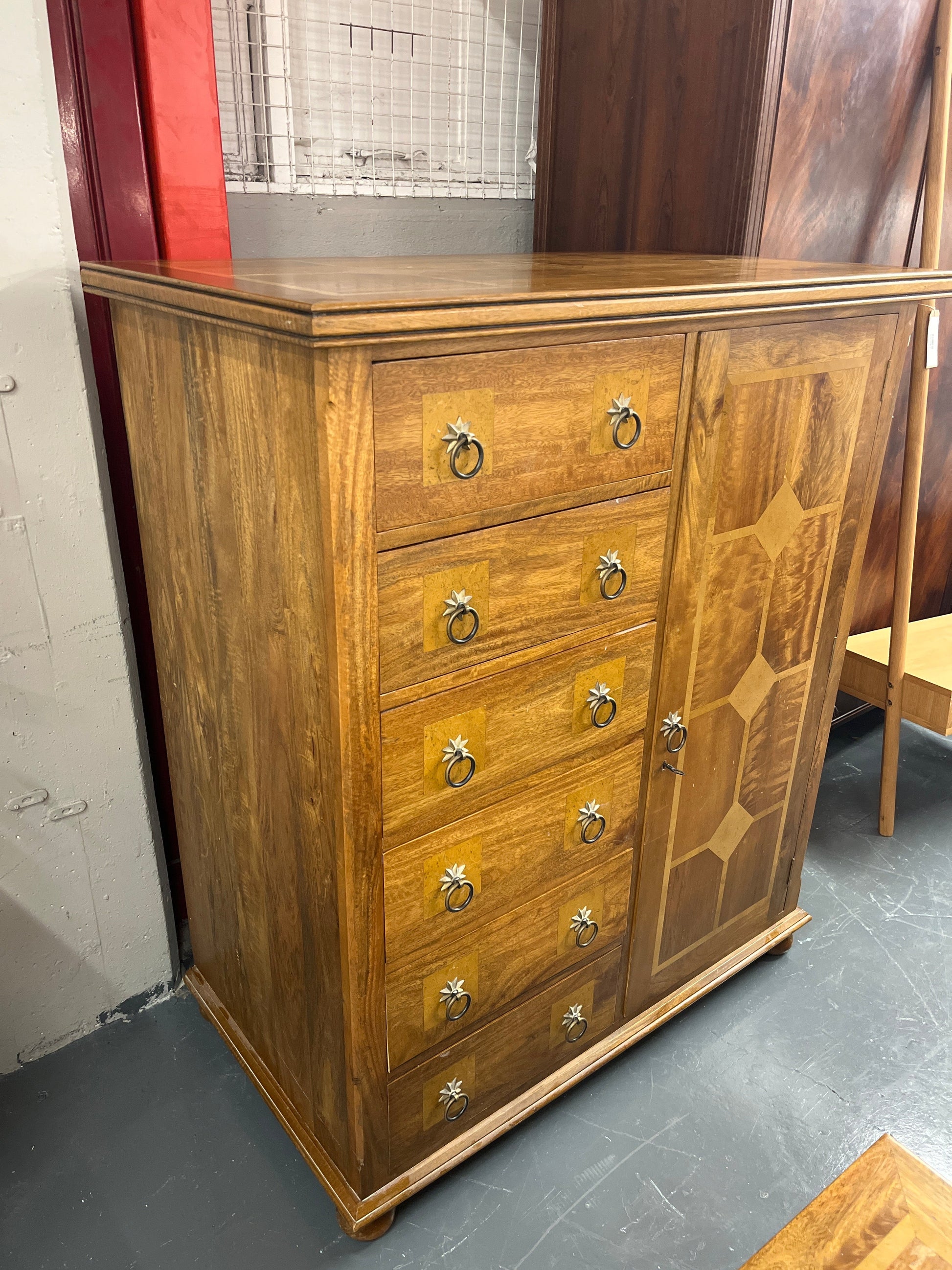 Ornate mahogany inlaid 5 drawer 1 door bedroom strorage chest.(H 135 x W 115 x D 65 cm) PART OF A SET BUT CAN BE SOLD SEPARATELY 2225