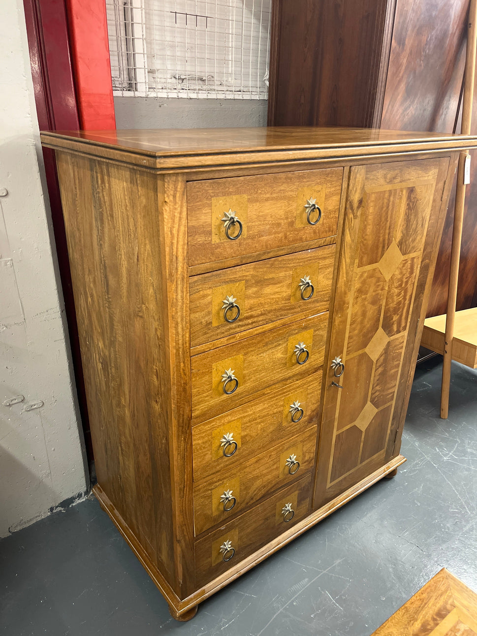 Ornate mahogany inlaid 5 drawer 1 door bedroom strorage chest.(H 135 x W 115 x D 65 cm) PART OF A SET BUT CAN BE SOLD SEPARATELY 2225