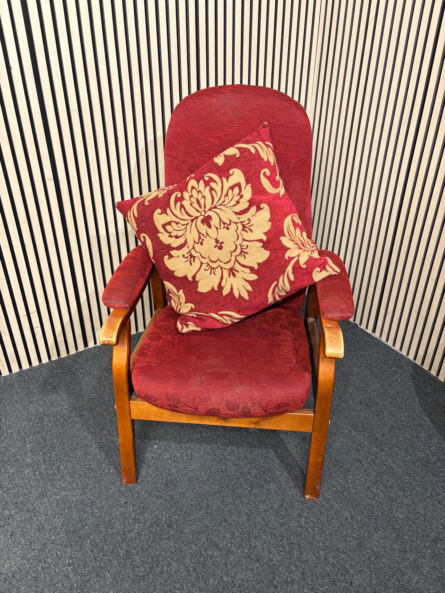 High back solid dark wood framed fireside armchair in dark wine mix fabric  3126