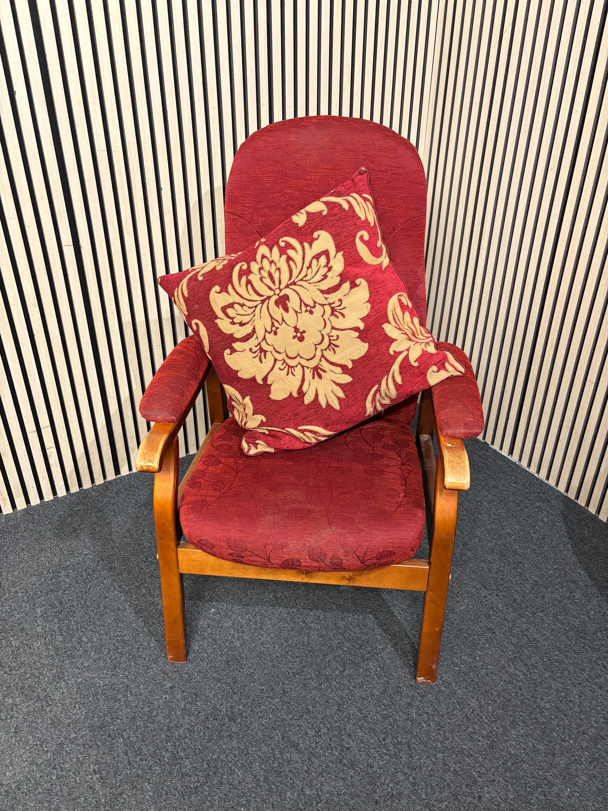 High back solid dark wood framed fireside armchair in dark wine mix fabric  3126