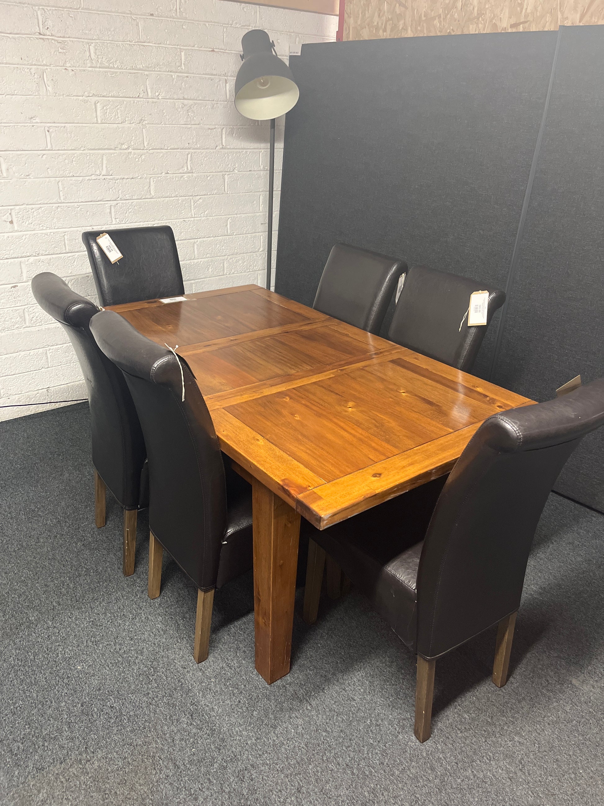 Large solid dark wood extendable kitchen table (W 1200 - 1600 x L 900 mm) with 6 no. high back black PU leatherette dining chairs 1225