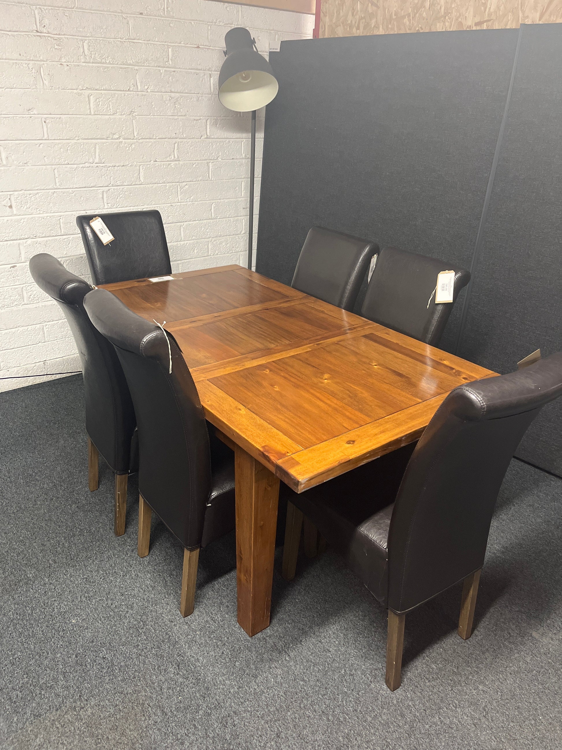Large solid dark wood extendable kitchen table (W 1200 - 1600 x L 900 mm) with 6 no. high back black PU leatherette dining chairs 1225