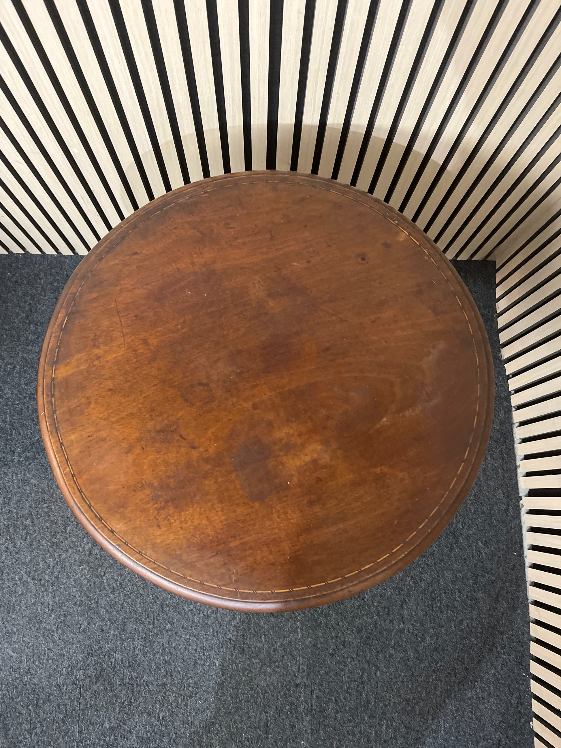 Ornate dark mahogany inlaid circular occasional table with base shelf and splayed legs 64Hx58W 3325