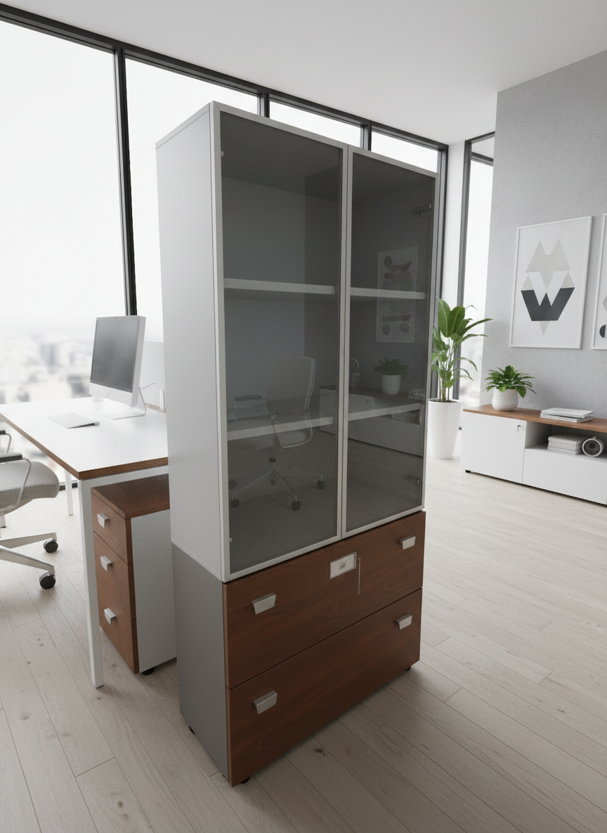 Tall 2 glass door cherry framed storage unit with base doors (H 215 x W 90 x D 45 cm)