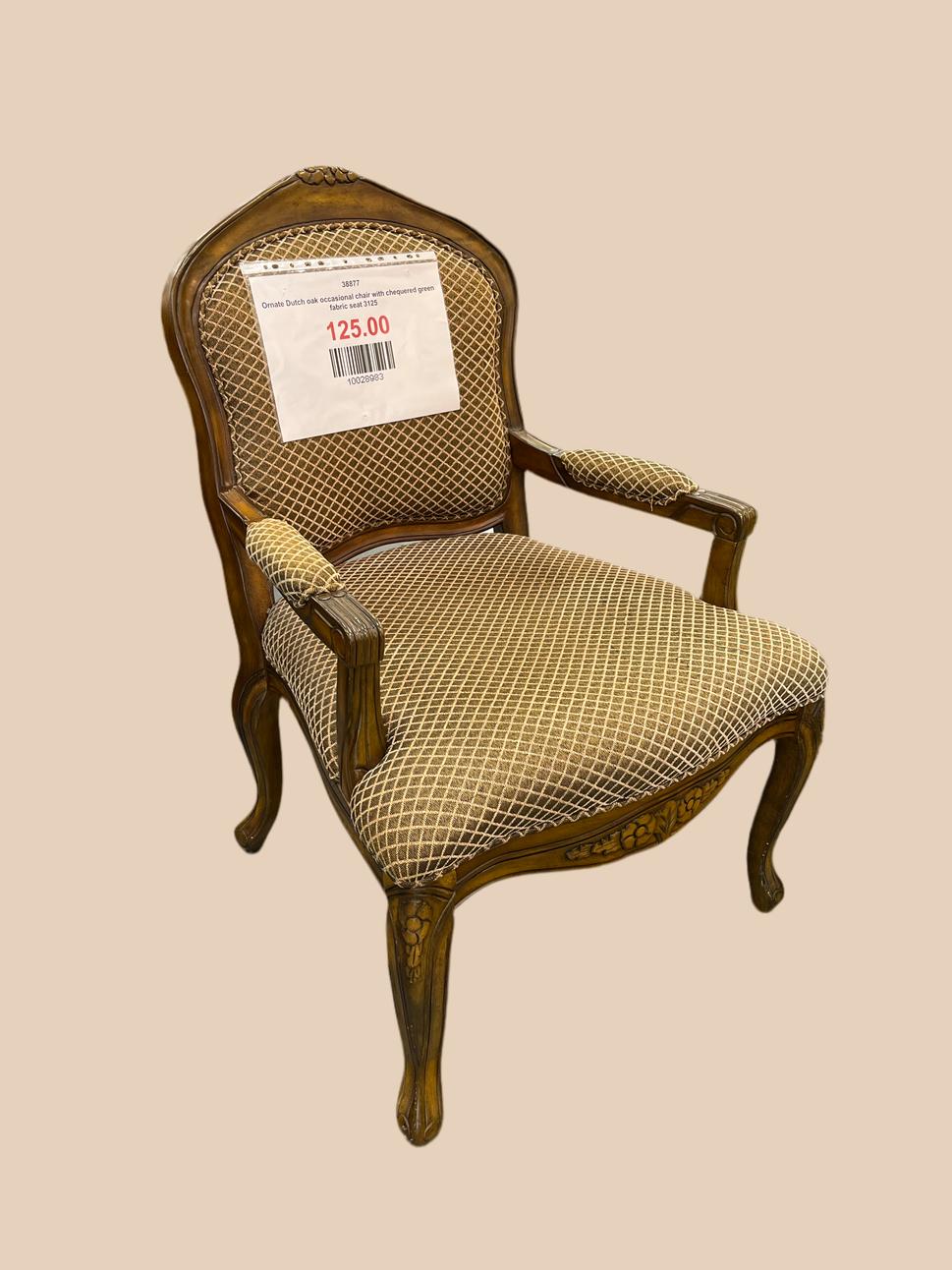Ornate Dutch oak occasional chair with chequered green fabric seat 3125