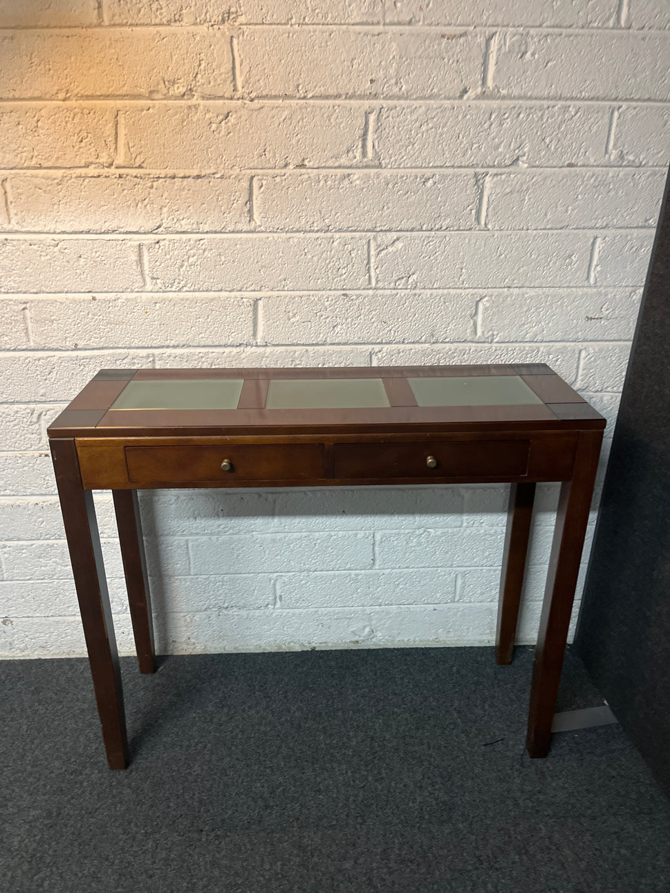Dark wood stained solid wood console table, frosted glass top with drawers 935Wx235Dx800H 3225