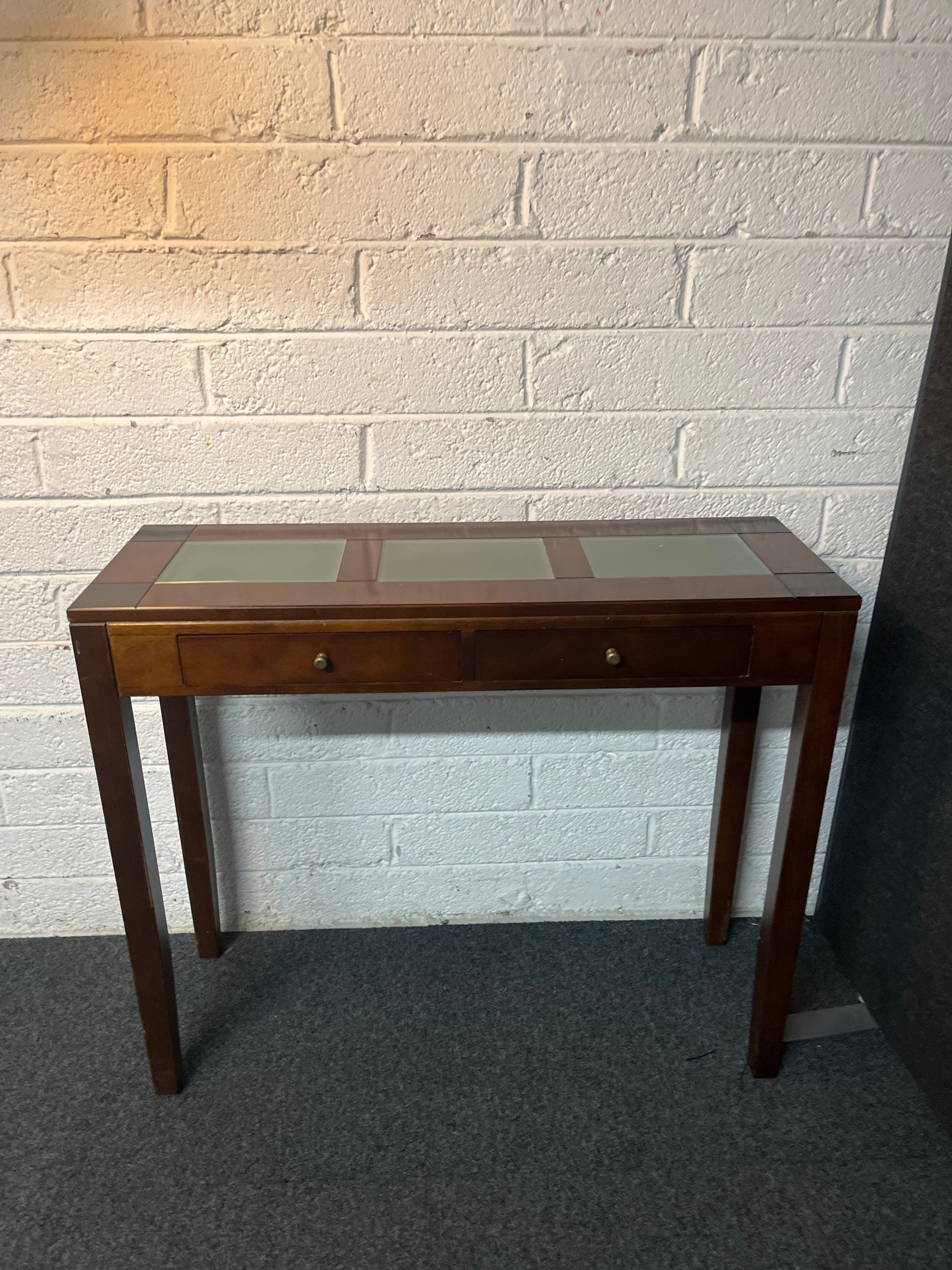 Dark wood stained solid wood console table, frosted glass top with drawers 935Wx235Dx800H 3225