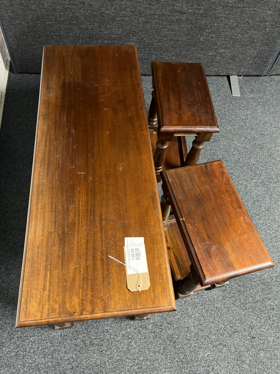 Low solid mahogany stained rectangular coffee table with insert side tables 2225