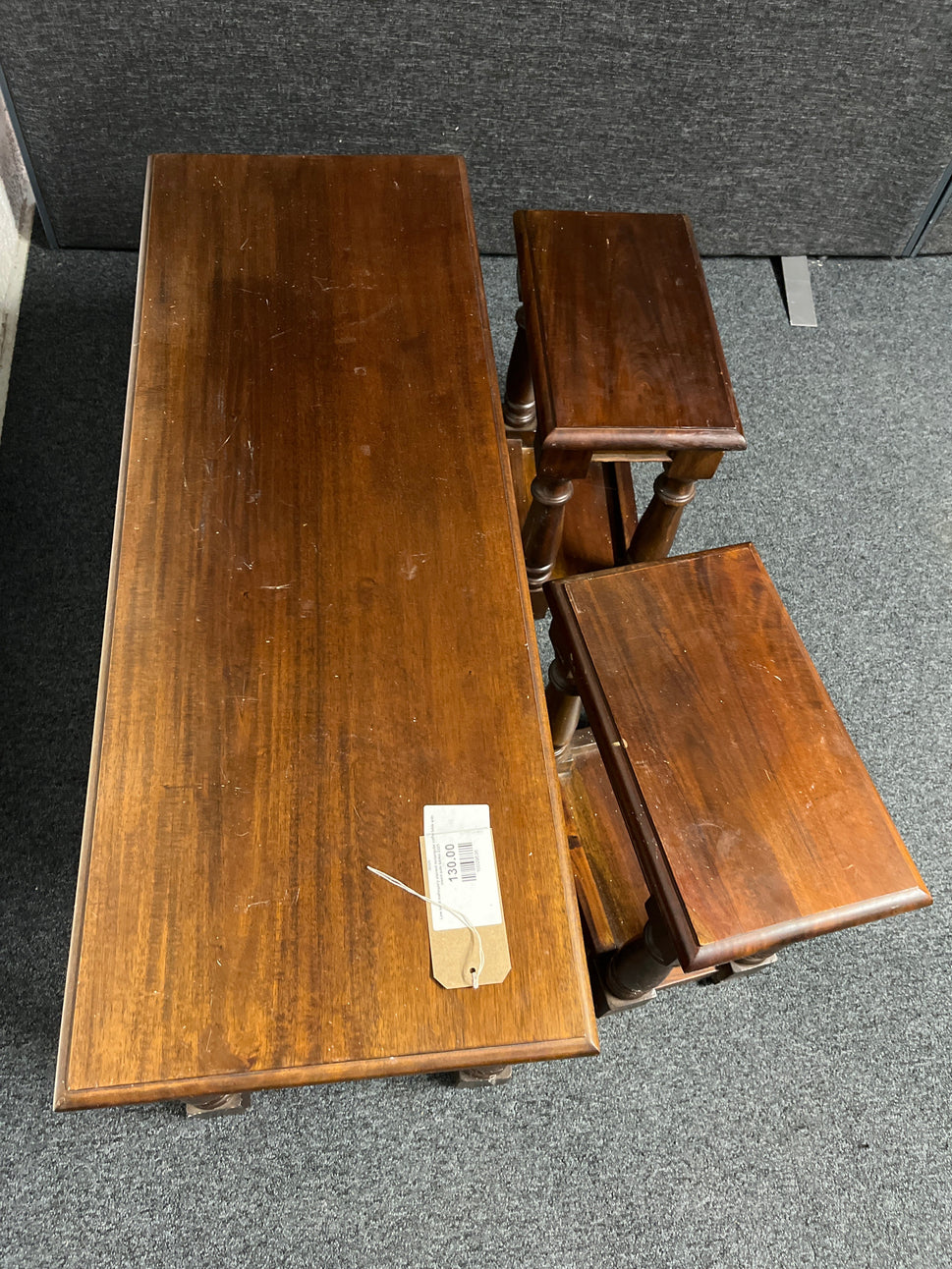 Low solid mahogany stained rectangular coffee table with insert side tables 2225