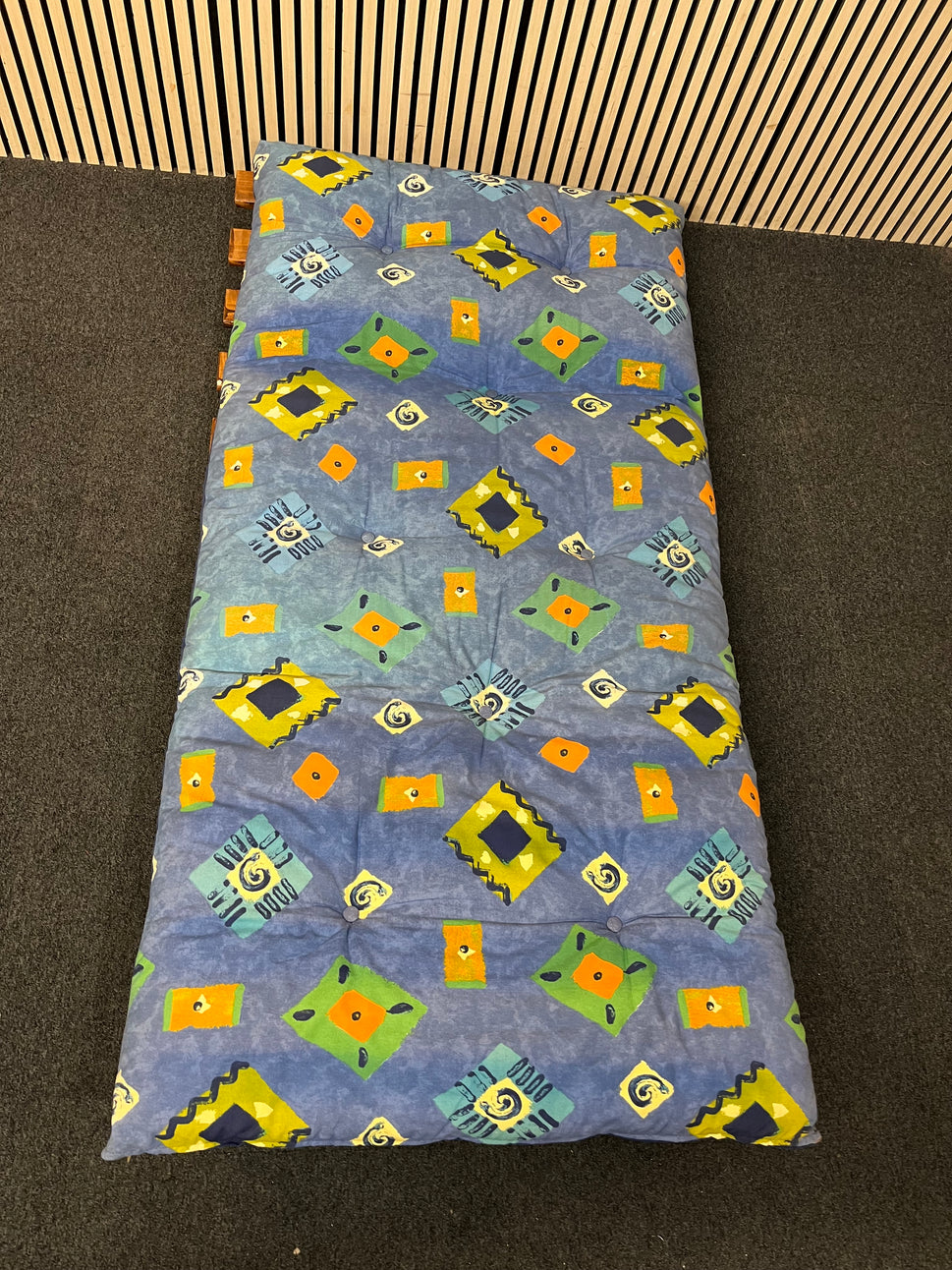 blue fabric futon with pine frame  43471