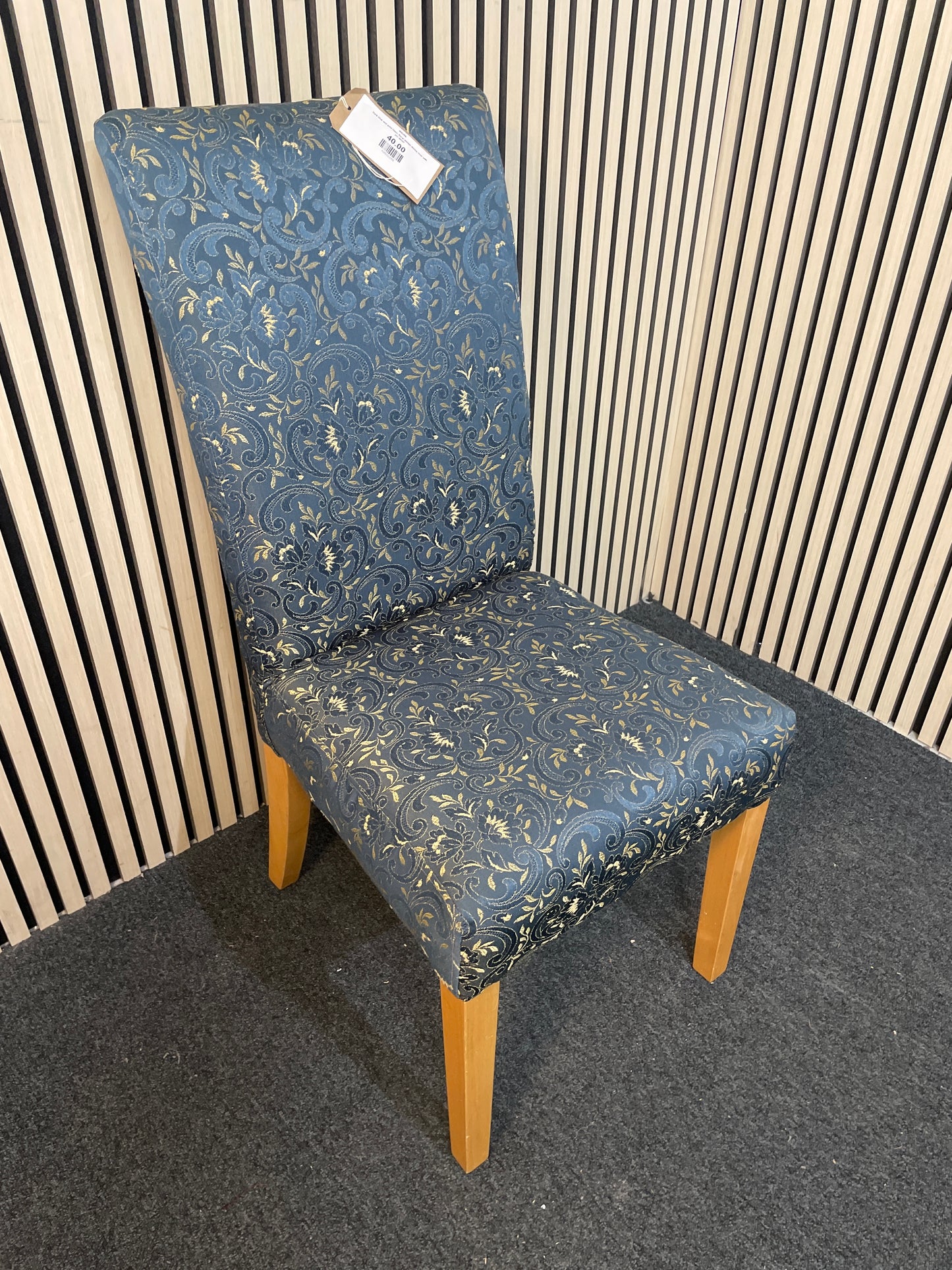 Dark blue and gold fabric floral design dining chair with pin detail