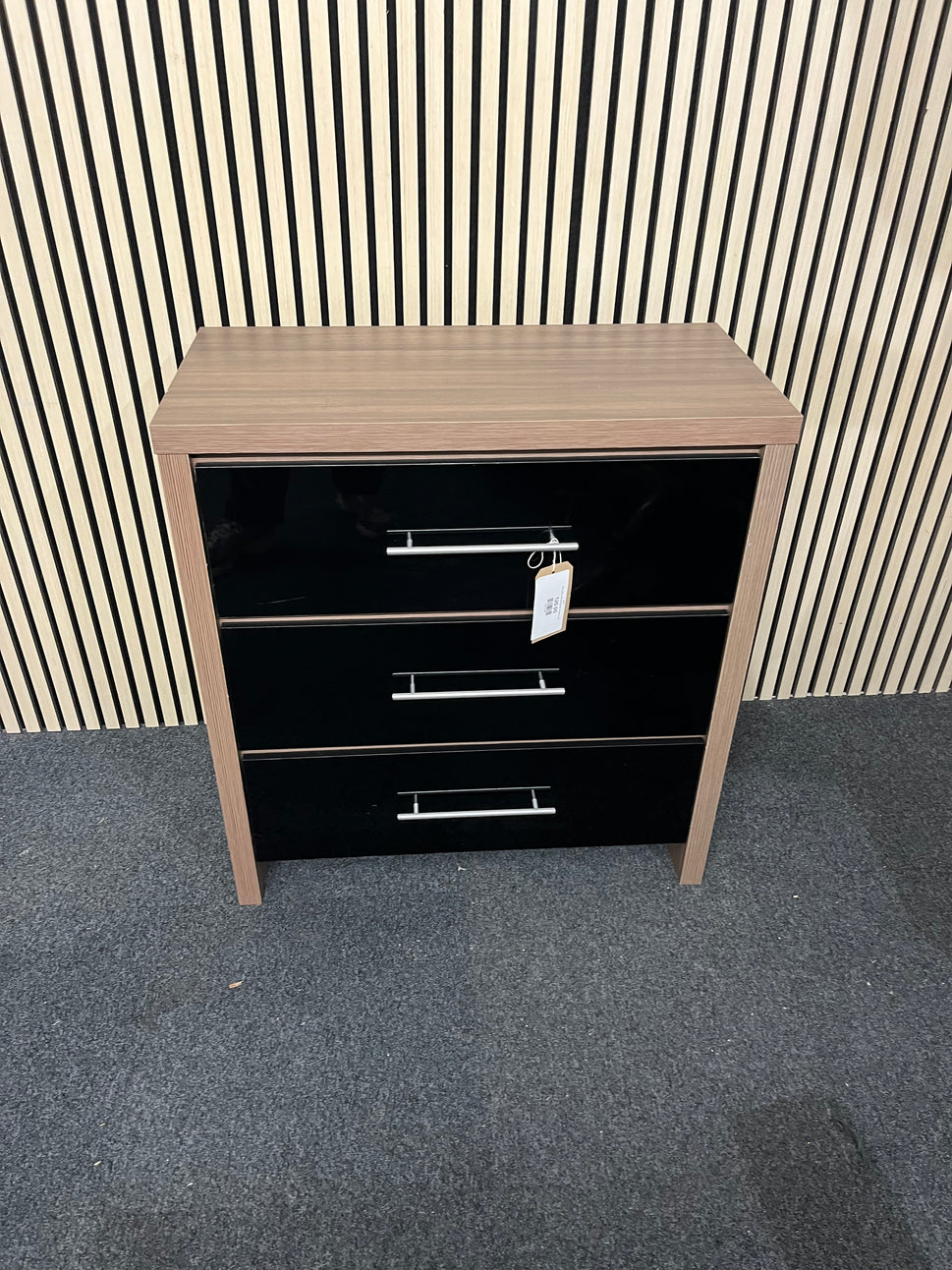 Black gloss and oak laminate 3 drawer chest