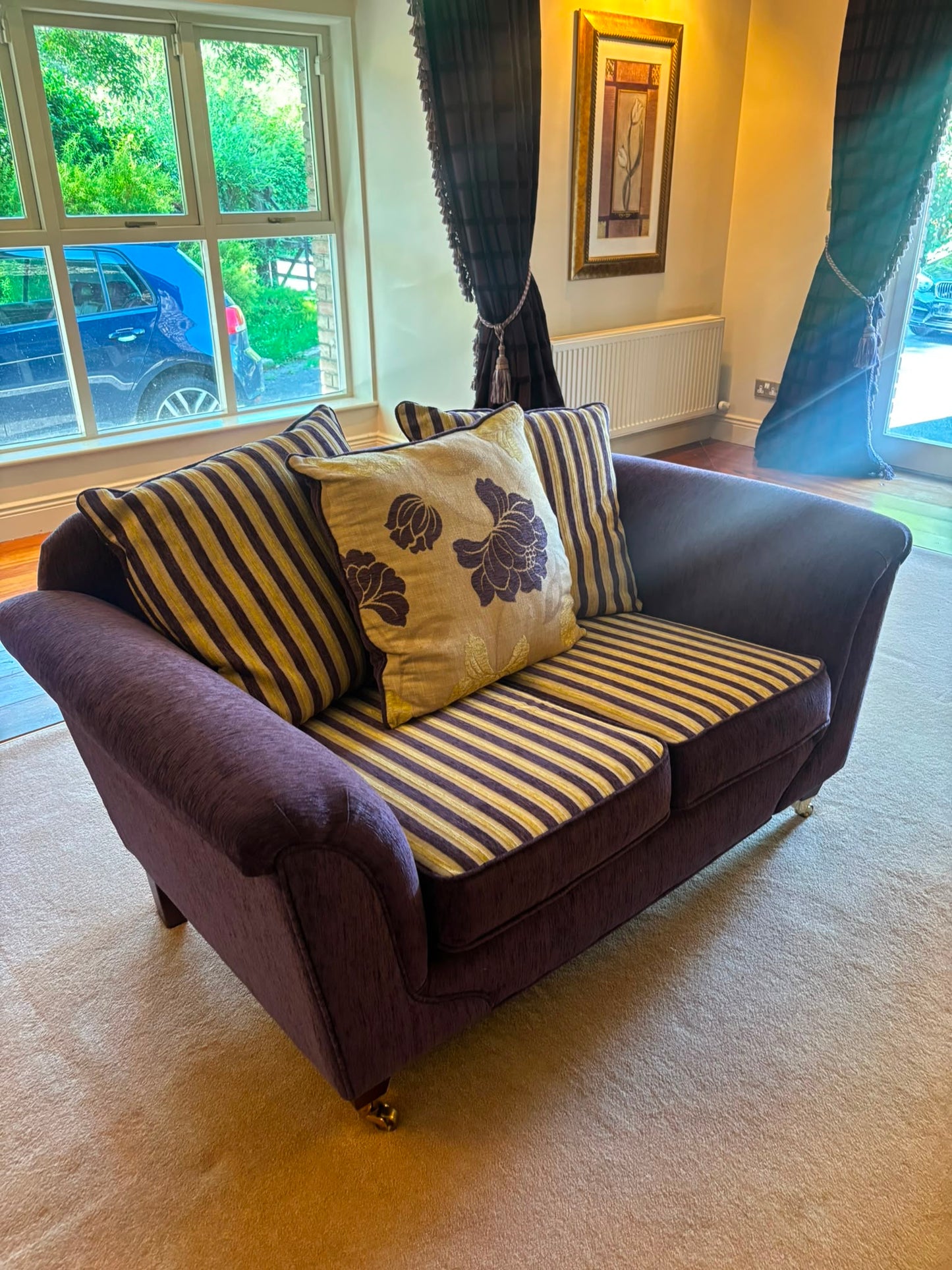 2 seater Purple striped high back sofa with brass castors 43781