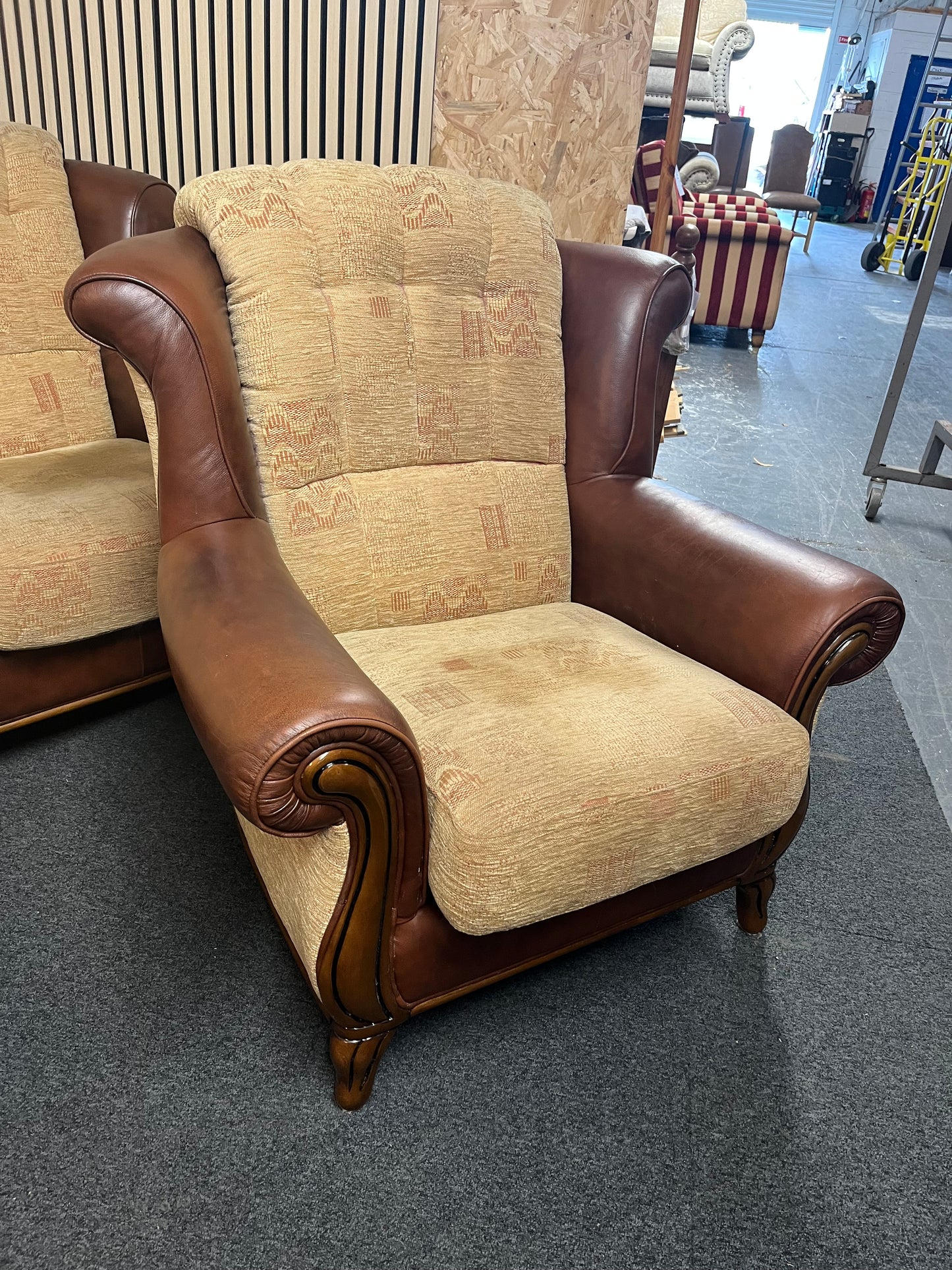 3+1+1 solid wood frame, high back brown leather suite with brown mix fabric cushions and backs
