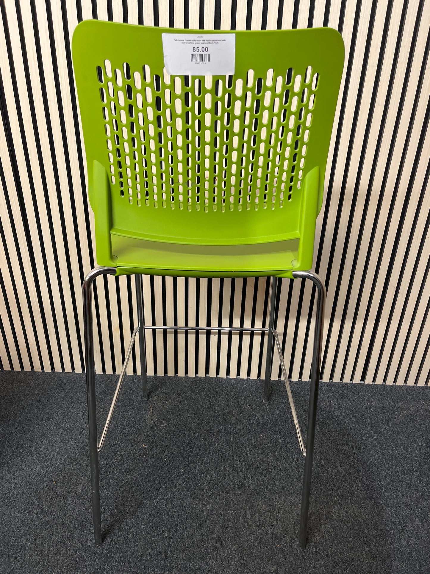 Tall chrome framed cafe stool with foot support and with polyprop lime green seat and back 1425