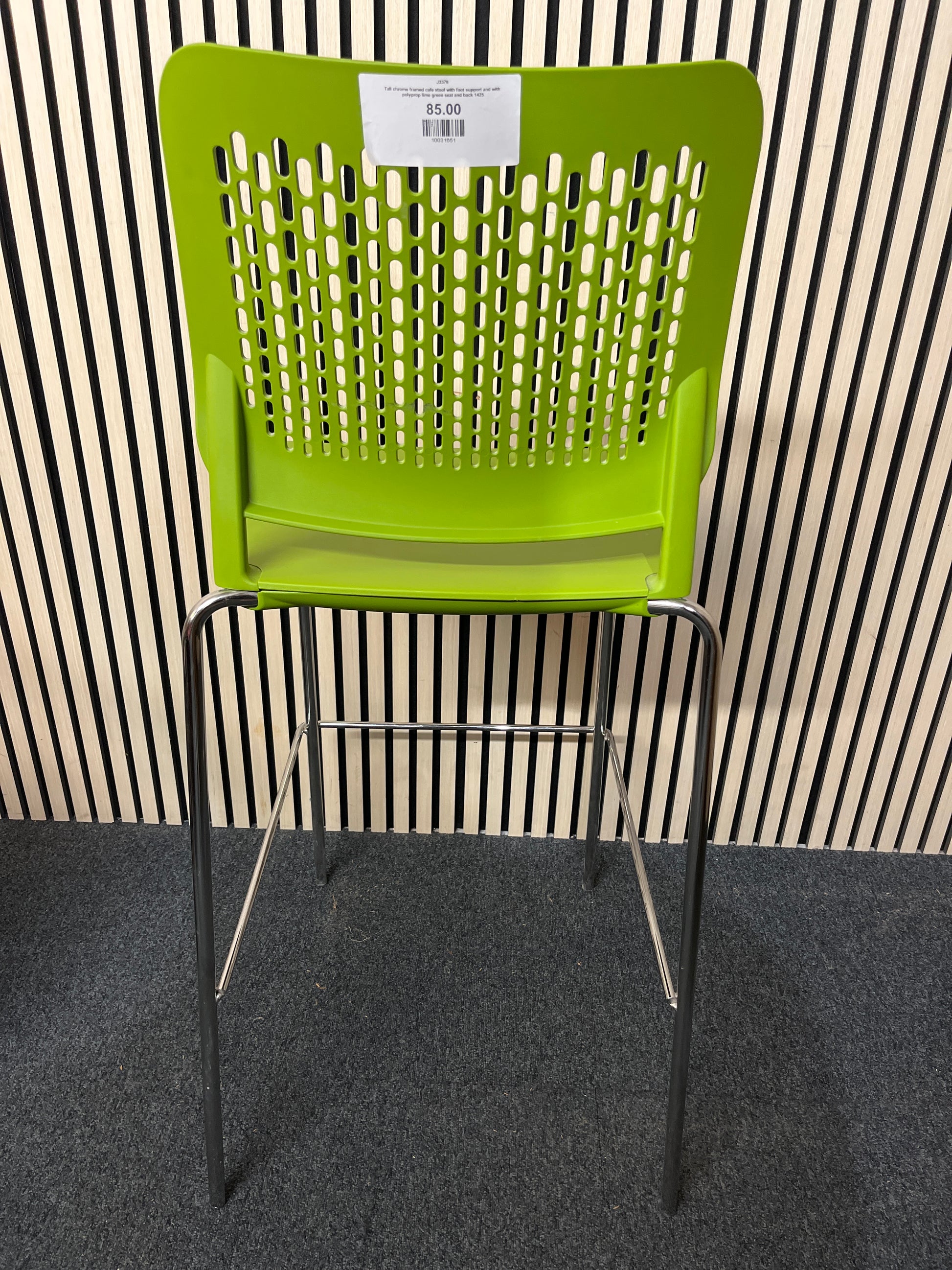 Tall chrome framed cafe stool with foot support and with polyprop lime green seat and back 1425