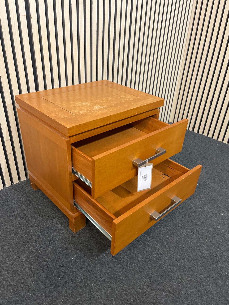 2 drawer wooden bedside locker with silver handles (H 49 x W 50 x D 40 cm) 2226