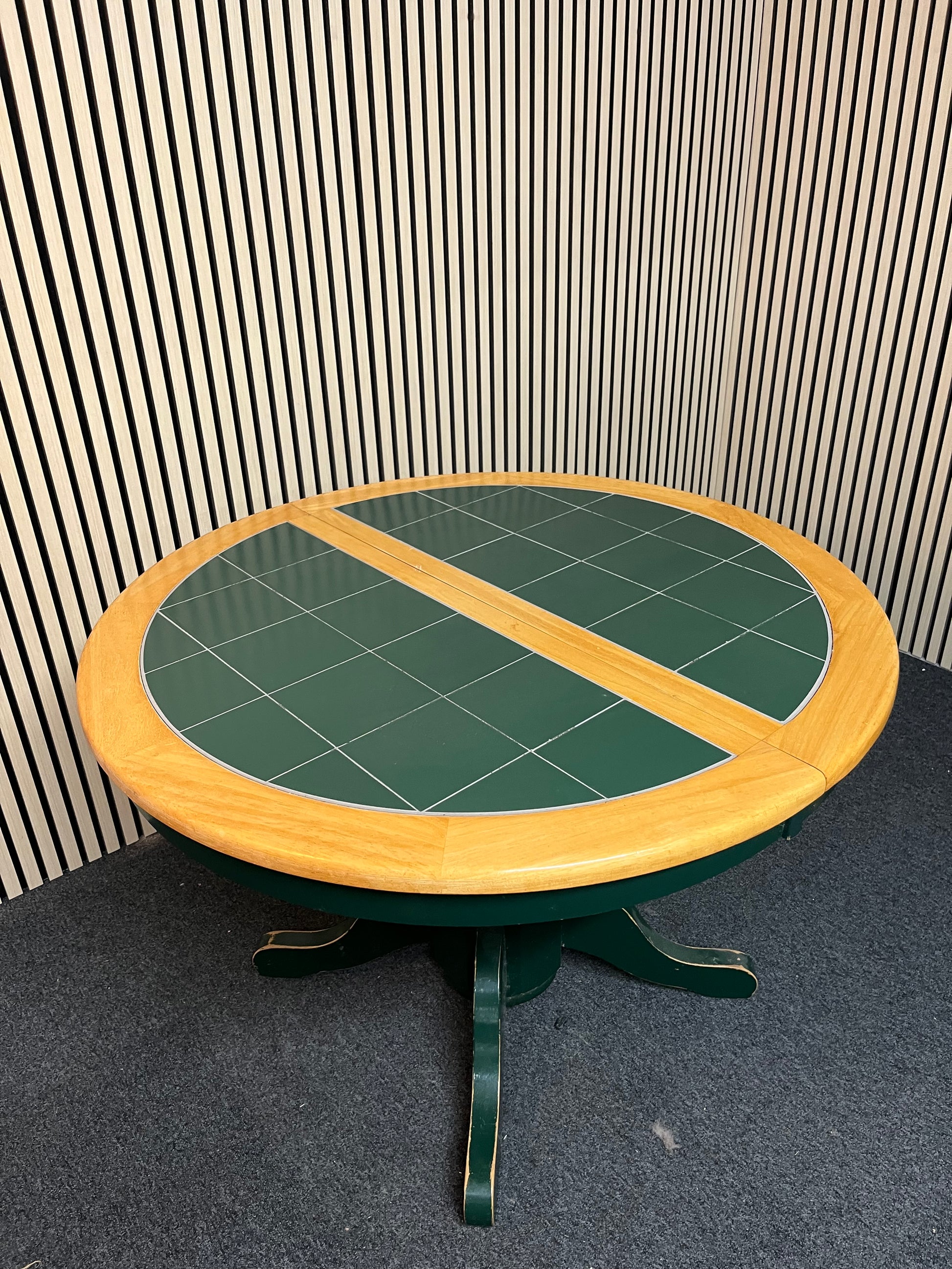 Circular solid pine extendable dining table (Diameter 106 + 38 cm extension ) with green frame and tiled top  1325