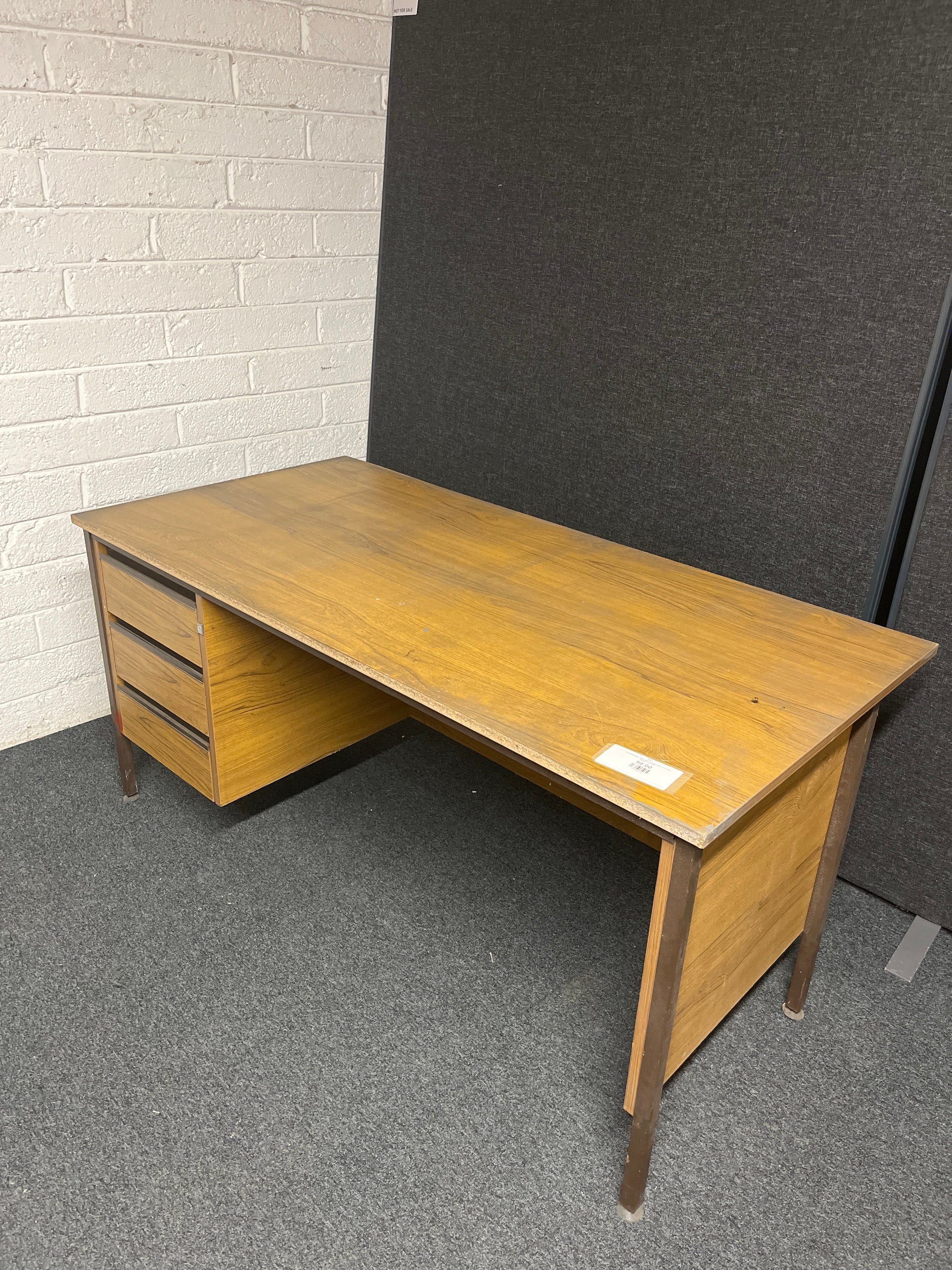 SECONDHAND teak laminate desk with fixed drawers on RHS