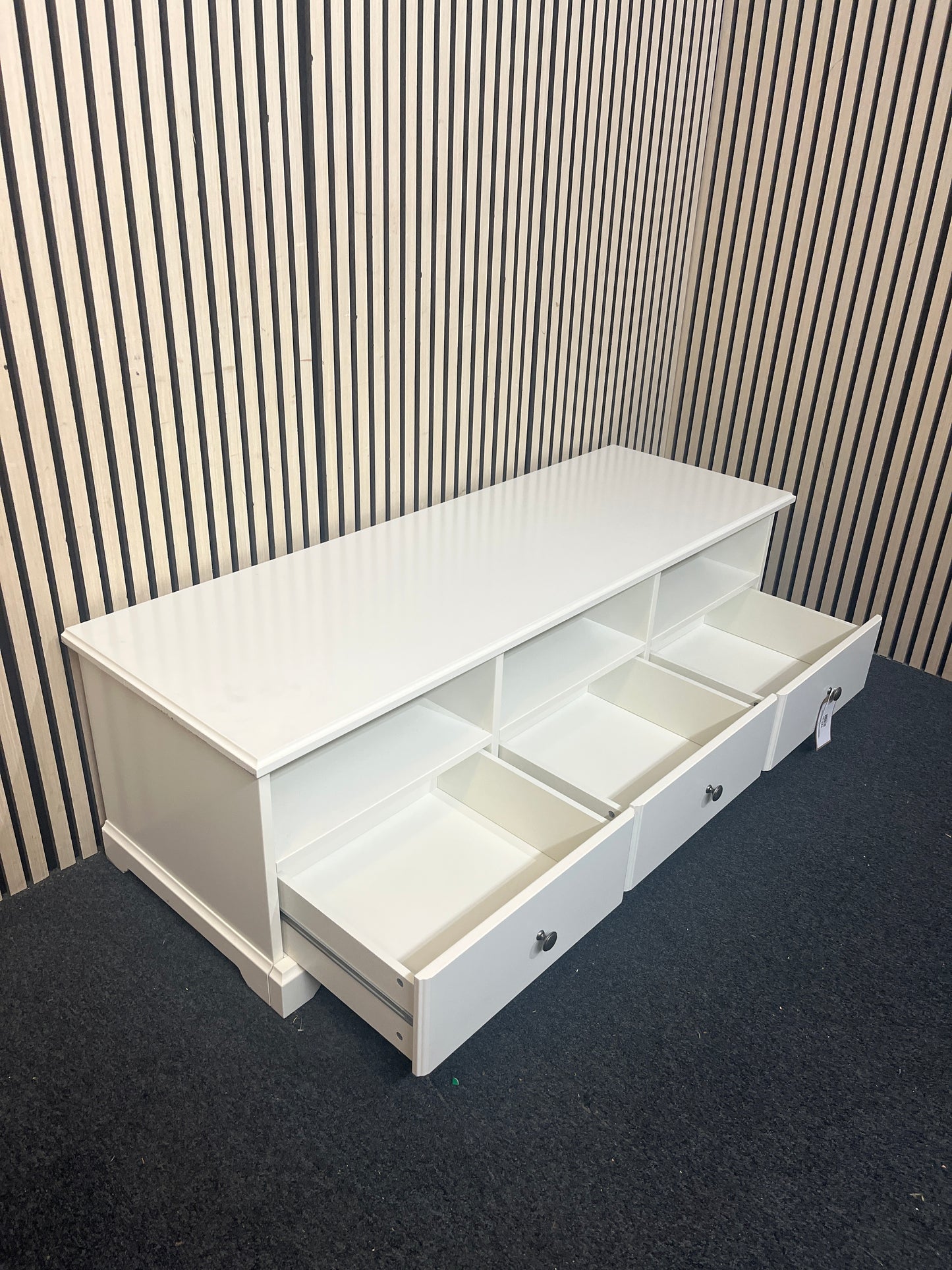 Solid white low tv unit with three drawers and open shelving units (H 46 x W 145 x D 50 cm)  44150