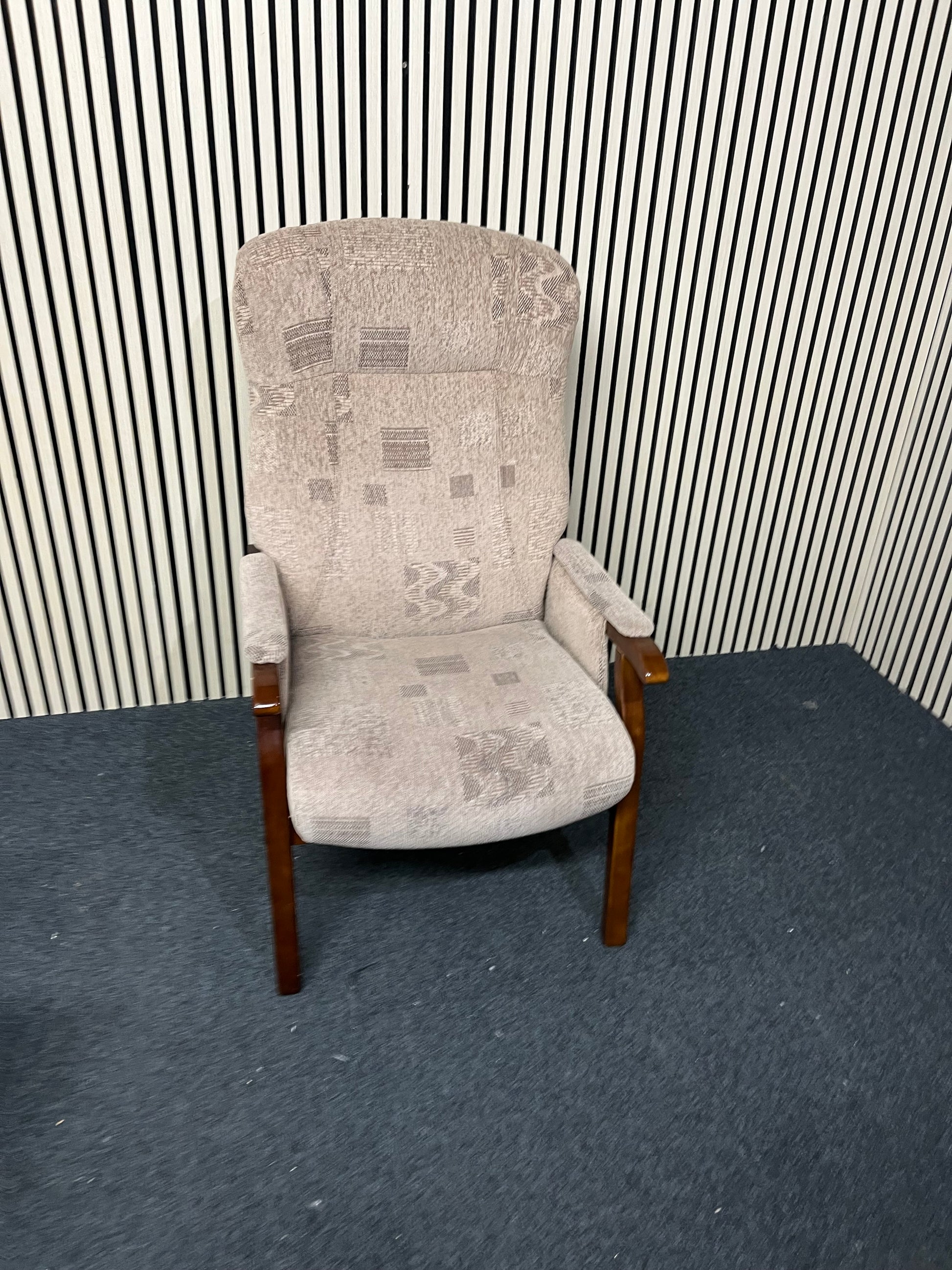 Cream fabric fireside armchair with solid darkwood frame 3325