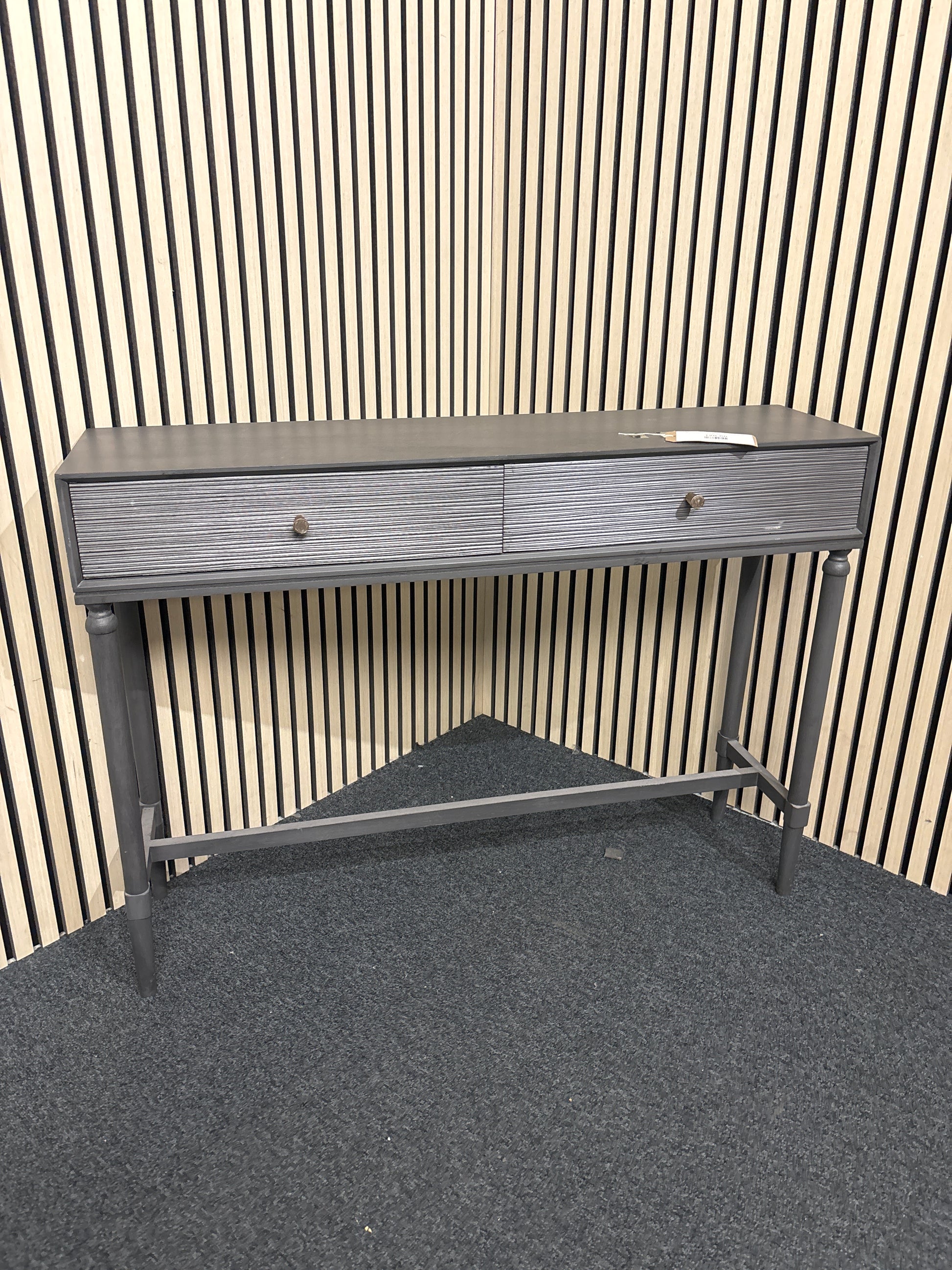 Slim 2 drawer dark grey laminate metal framed console table(L x 107 W x 28 H x 78) 3325
