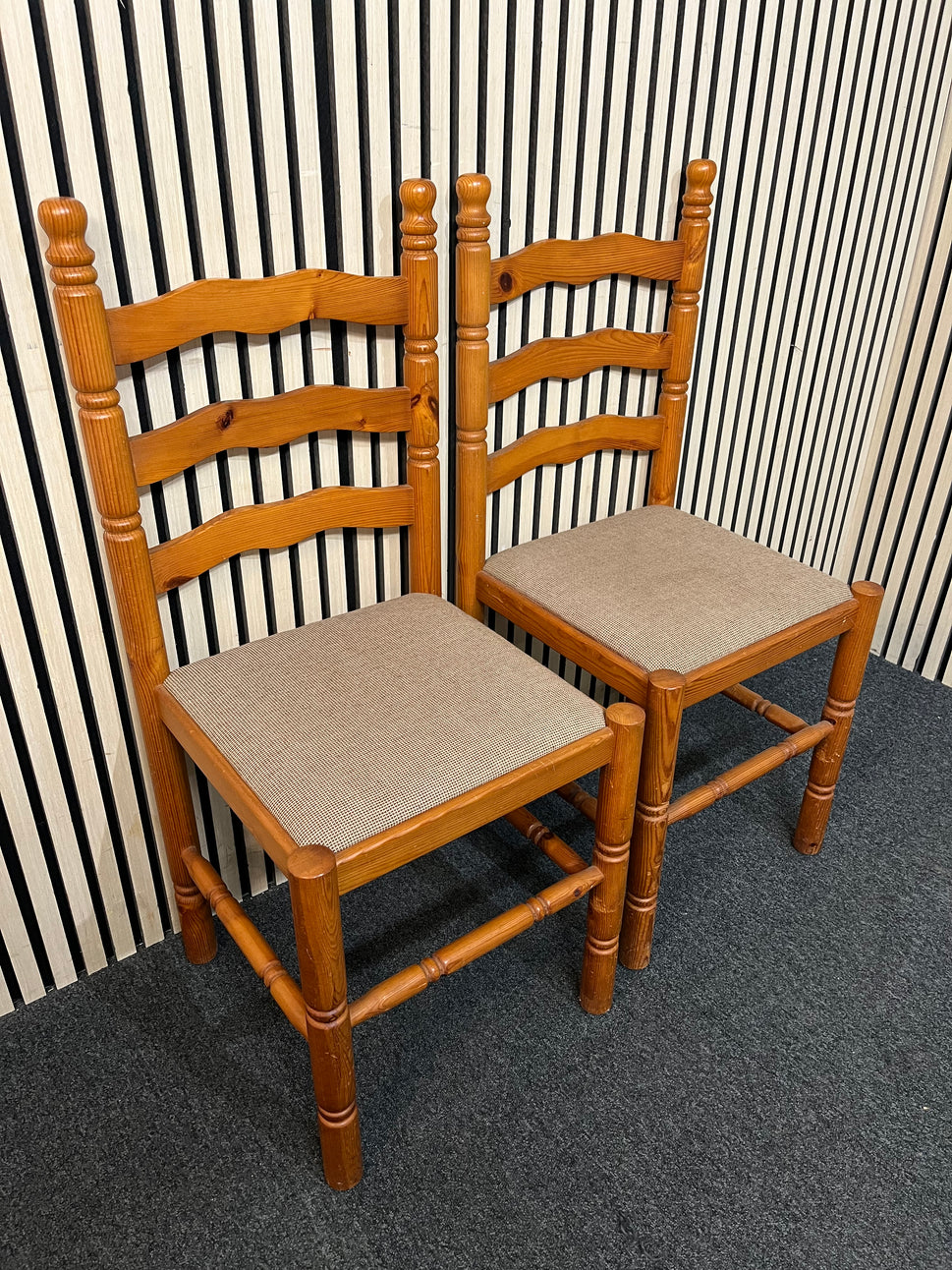 Pair of Pine dining chairs with grey fabric seat 43466