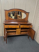 Edwardian style mahogany sideboard featuring inlaid parquetry and oval mirror, height 150 cm, width 132 cm, depth 47 cm  44723