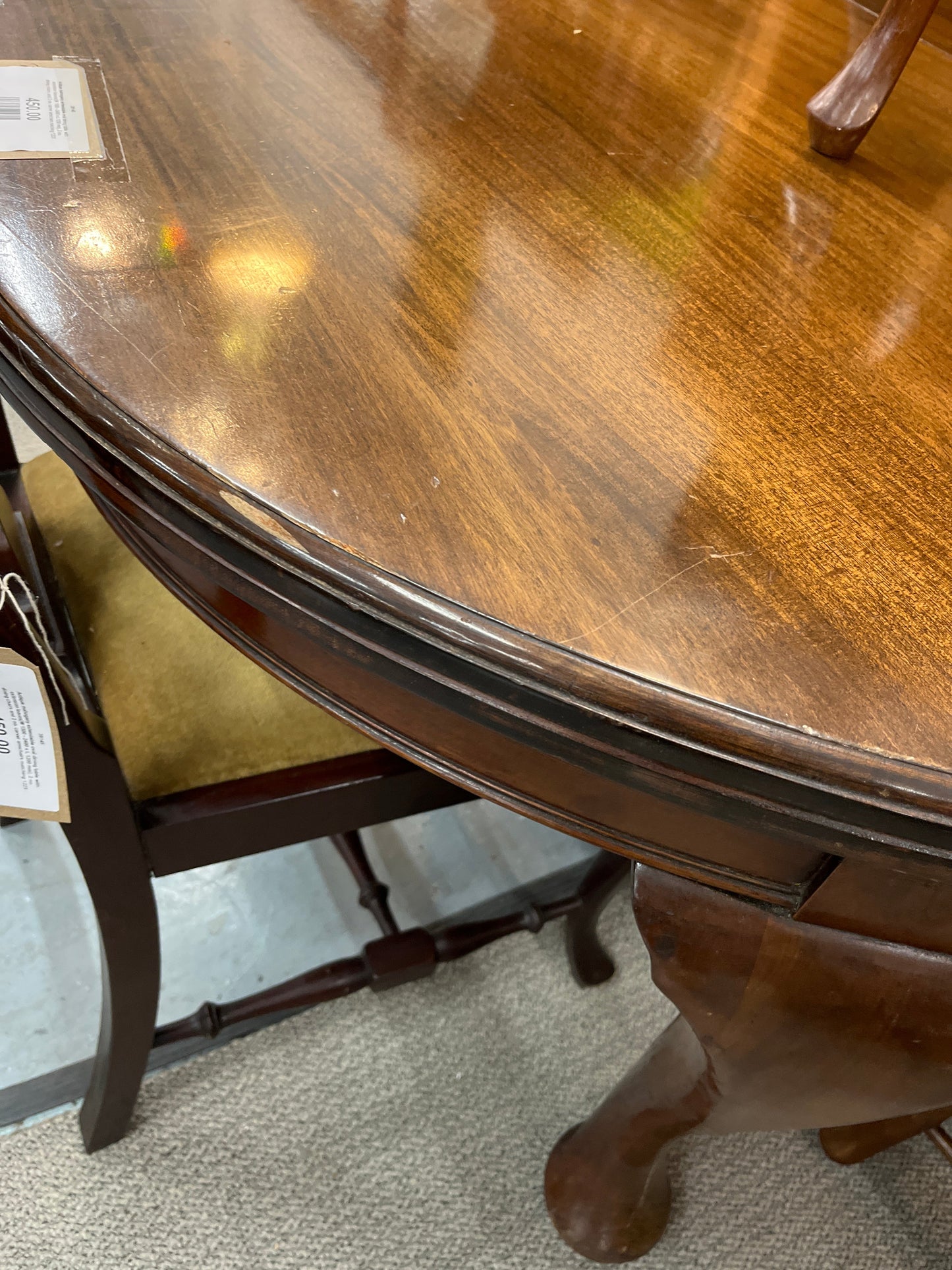 Antique mahogany extendable oval dining table with extension leaves(W 1500 - 2400 x L 1200 mm), 2 no. dining chairs and 2 no. carver armchairs matching 1225