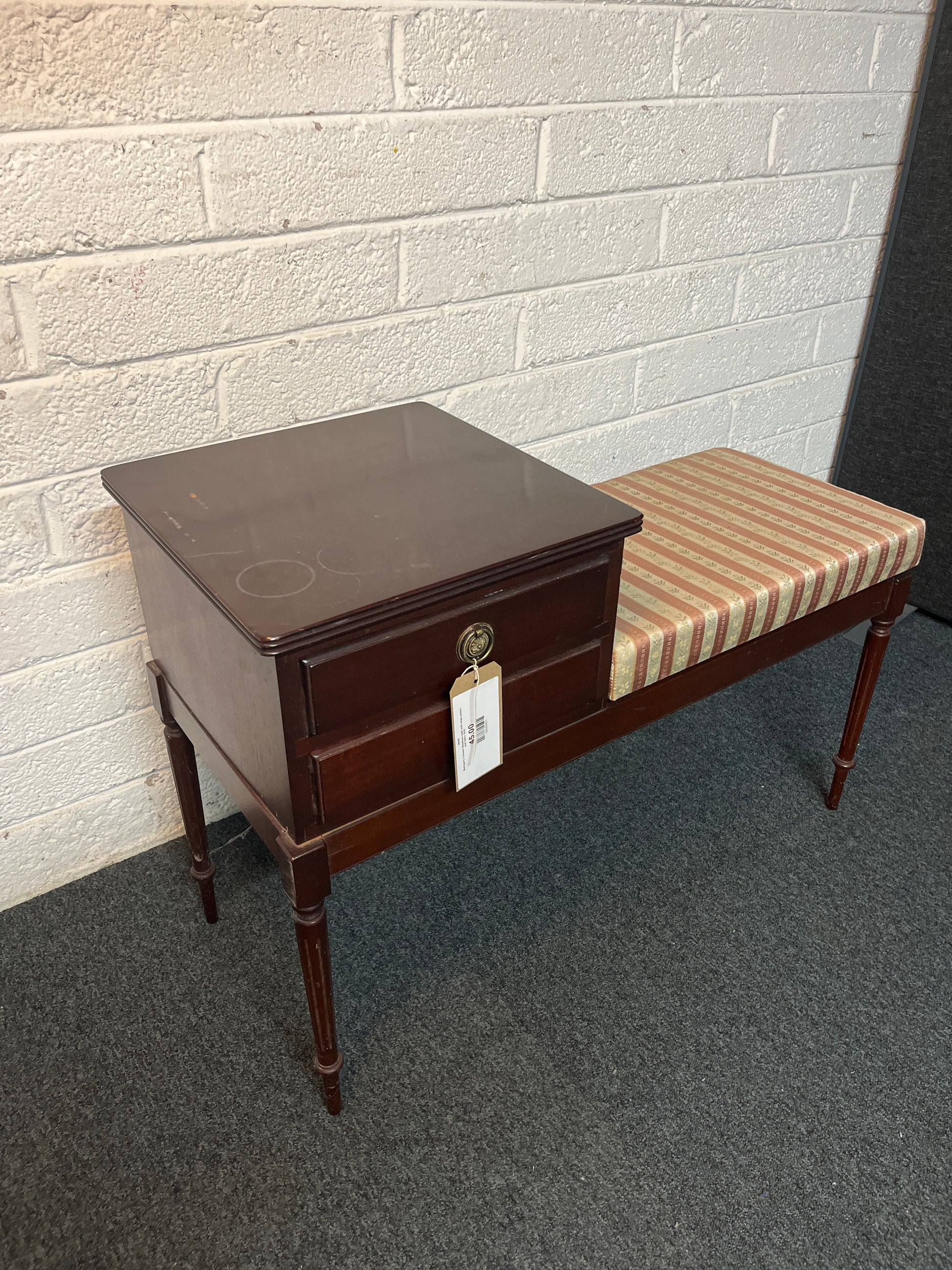 Mahogany 2 drawer telephone table with stripe pattern seat fabric 3225