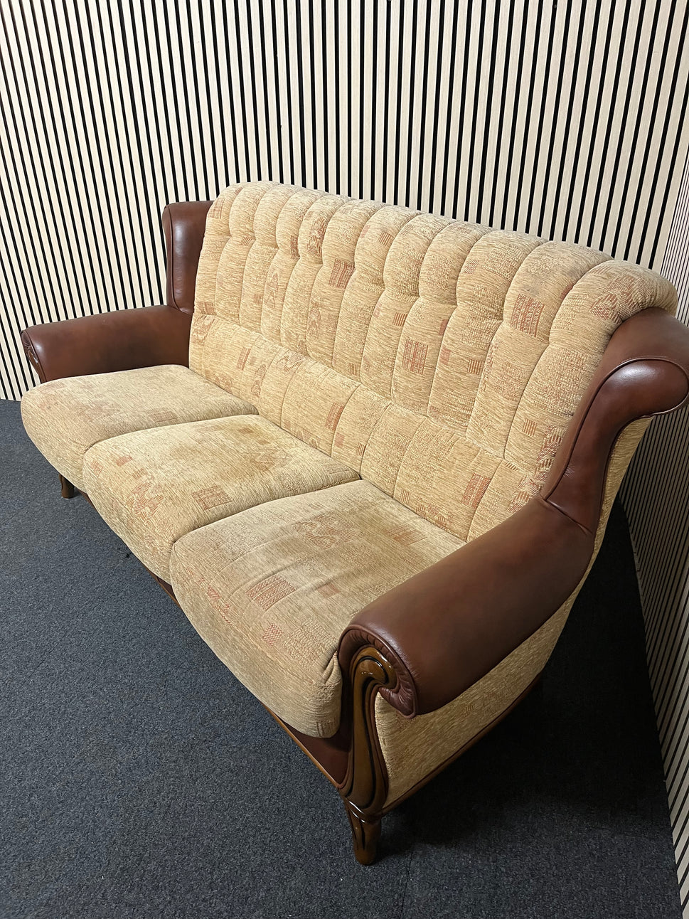 3+1+1 solid wood frame, high back brown leather suite with brown mix fabric cushions and backs