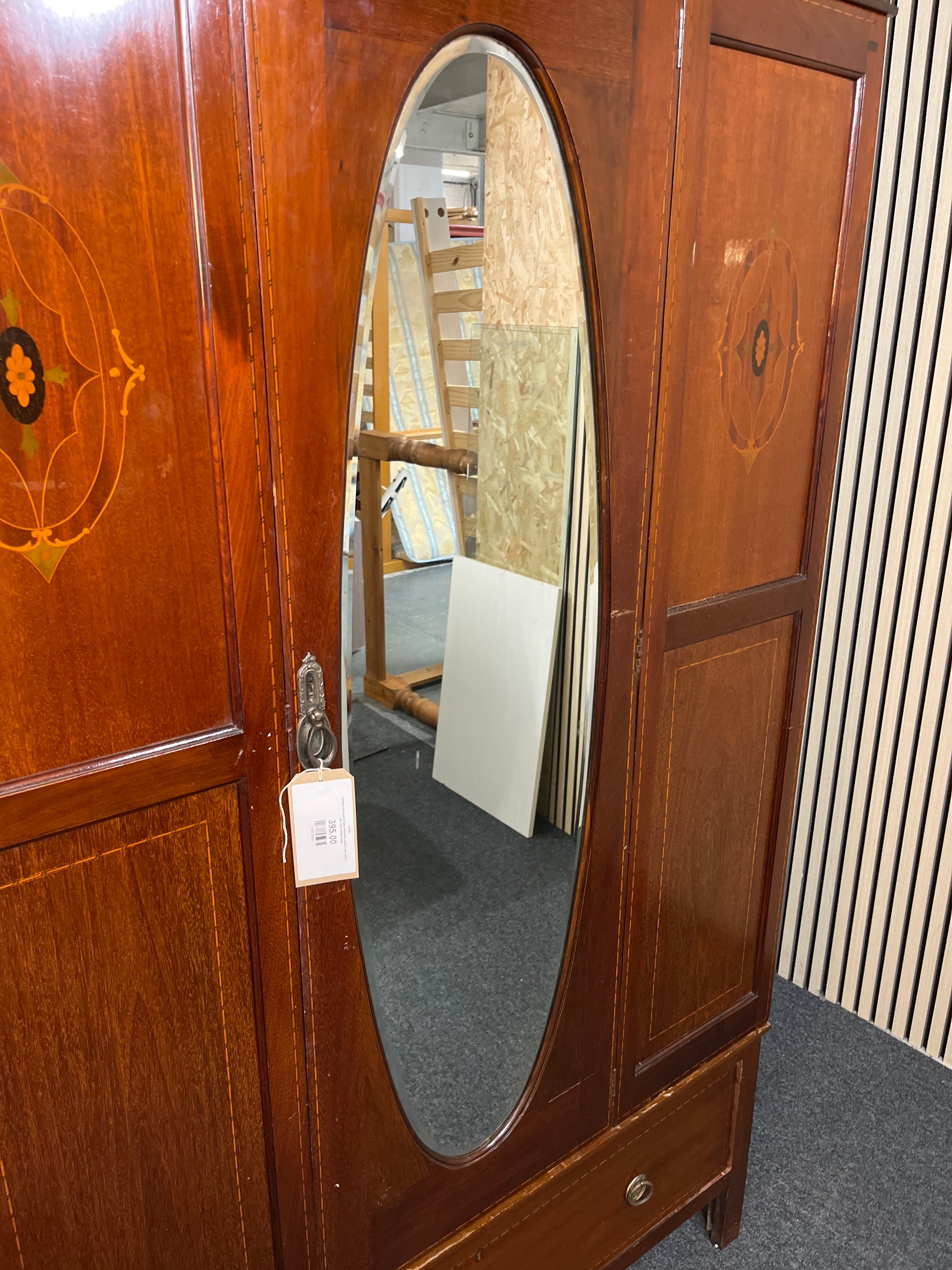 Antique mahogany large wardrobe central oval mirror with base drawer 2425